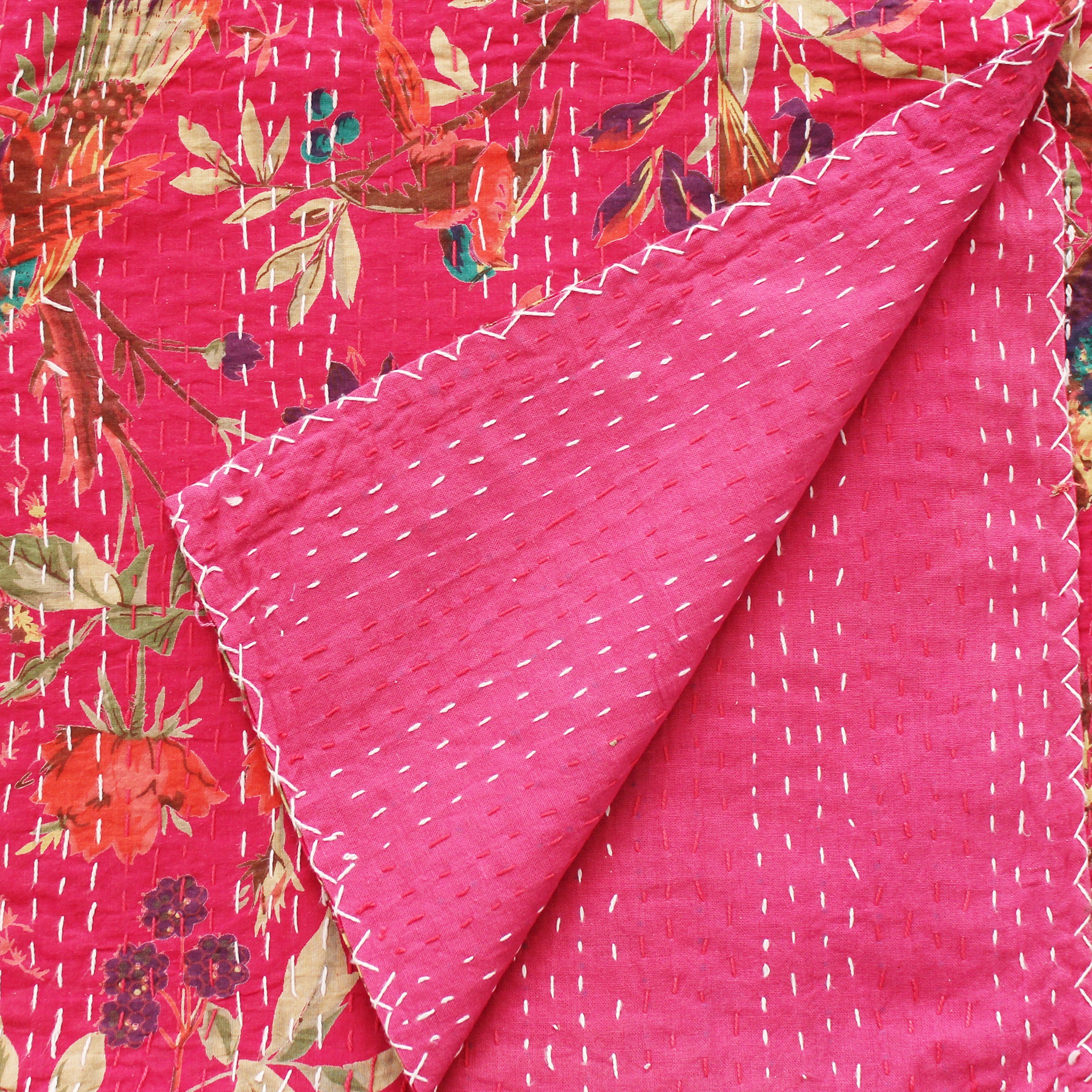 Hot Pink Birds Kantha Throw