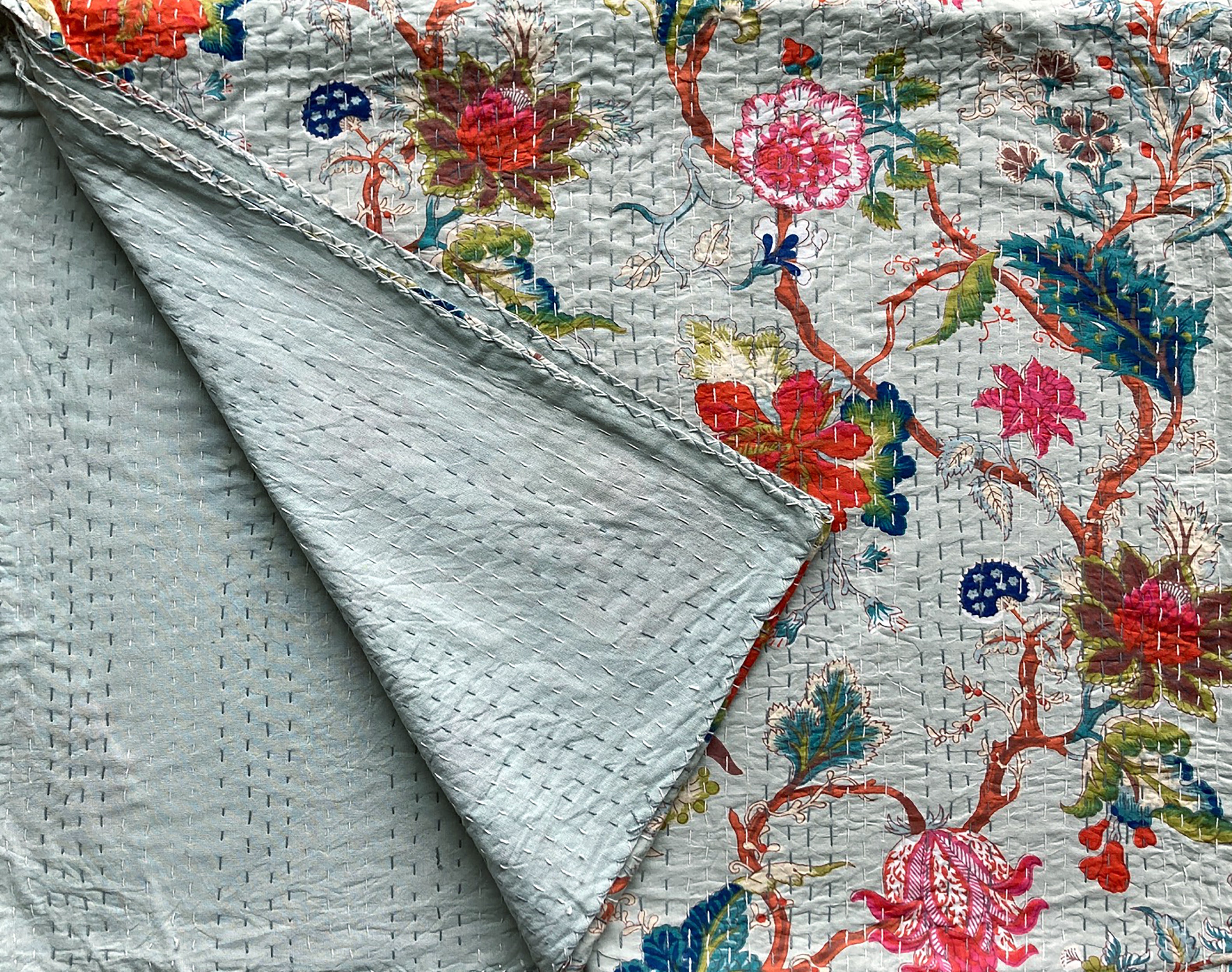 Blue Exotic Flower Kantha Throw