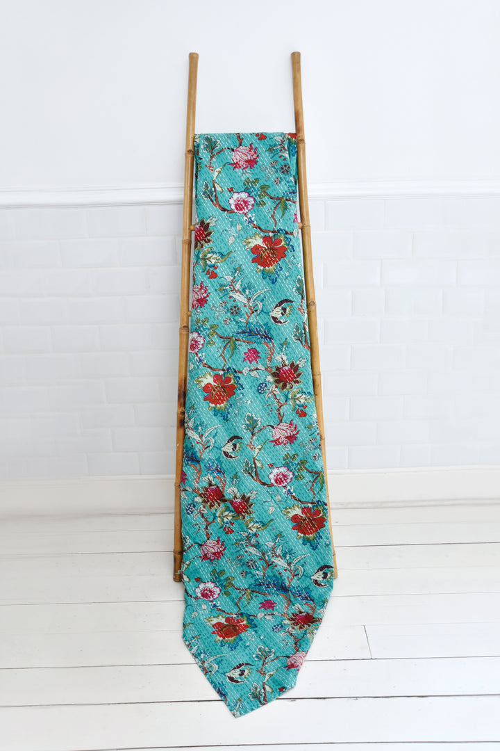 Teal Exotic Flower Kantha Throw 