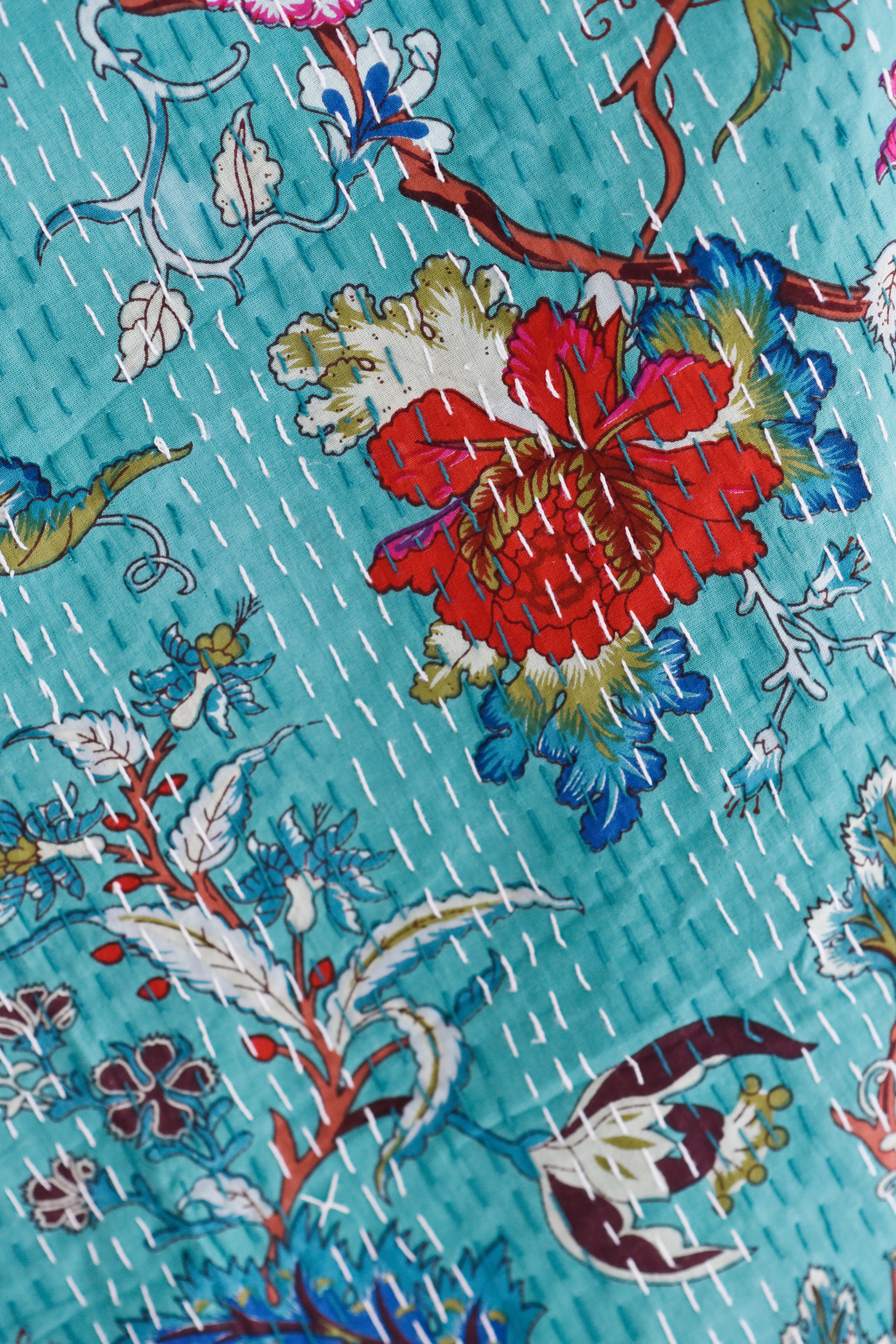 Teal Exotic Flower Kantha Throw 