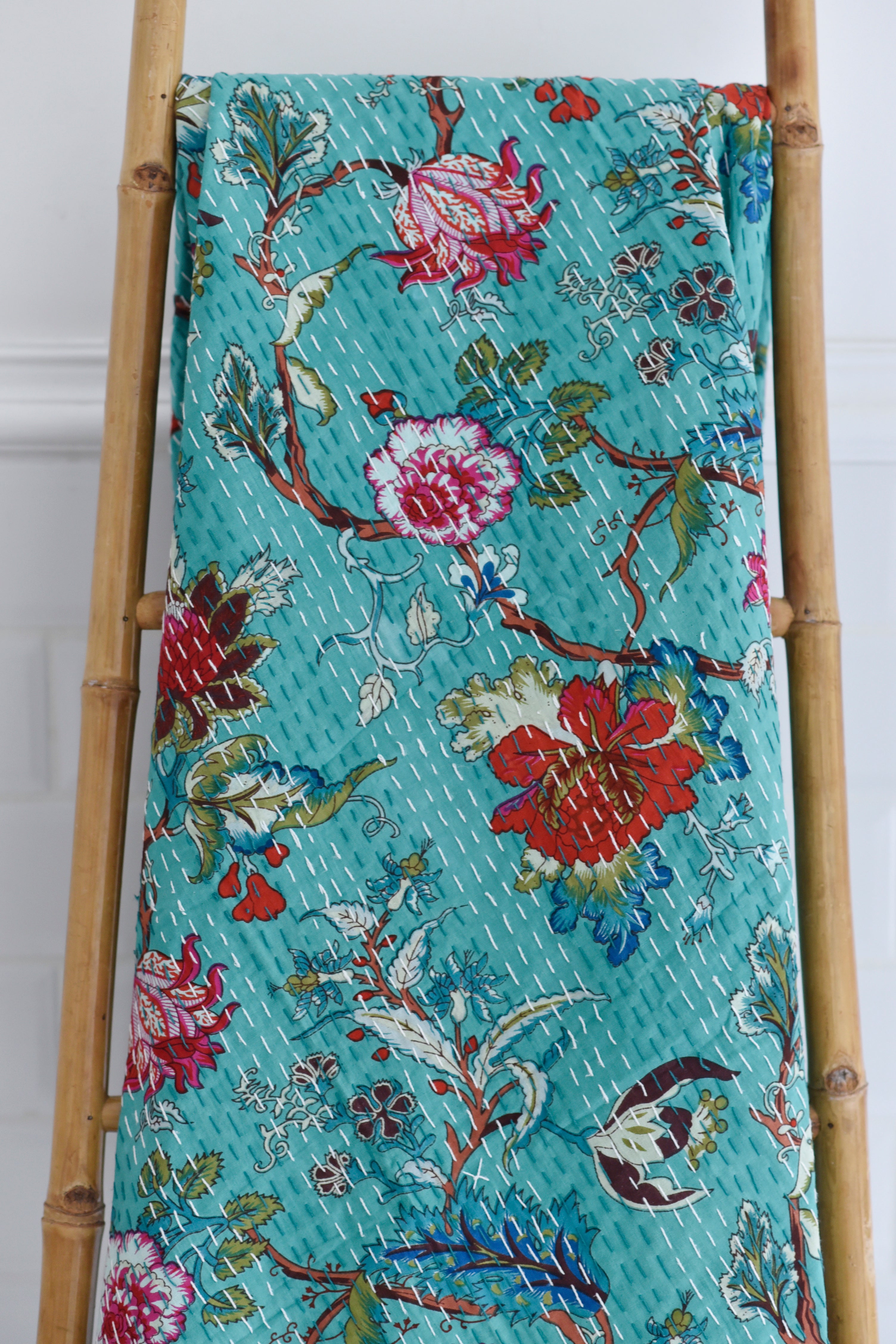 Teal Exotic Flower Kantha Throw 