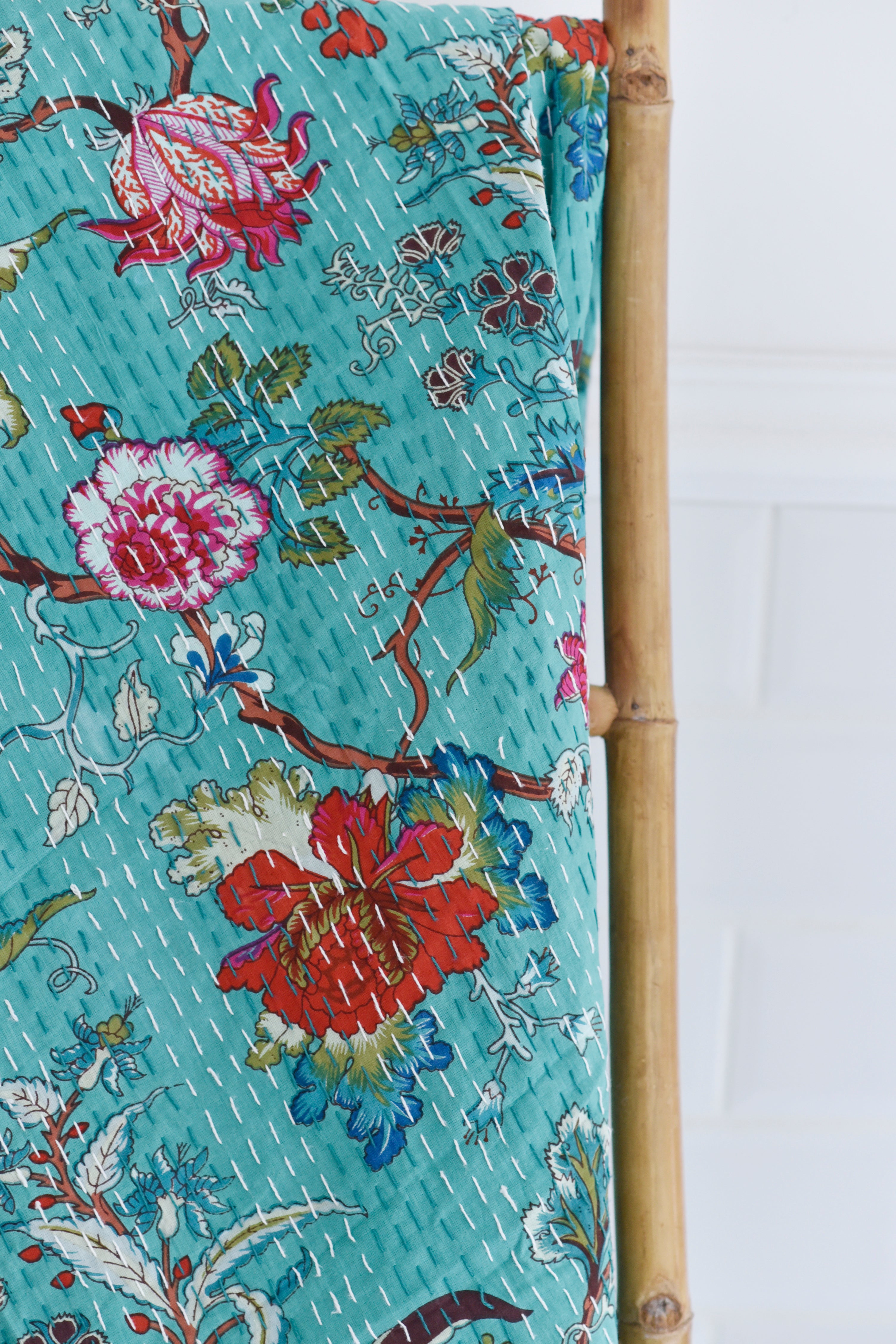 Teal Exotic Flower Kantha Throw 