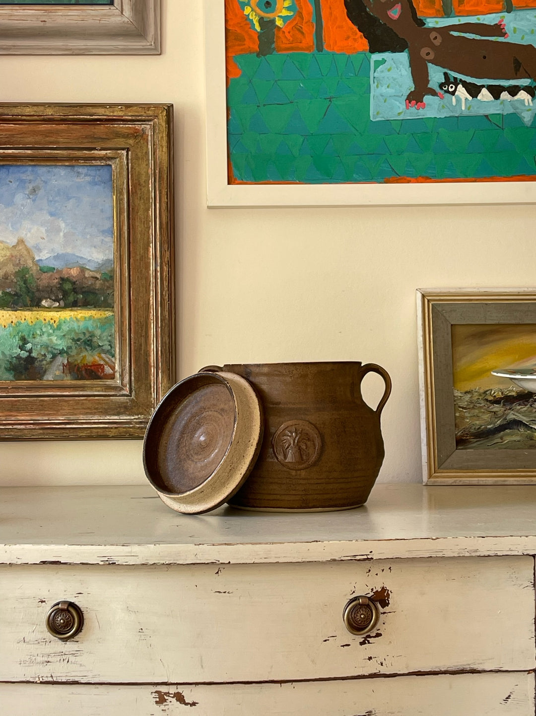 Large Brown Glazed Wheat Pot with Flat Lid