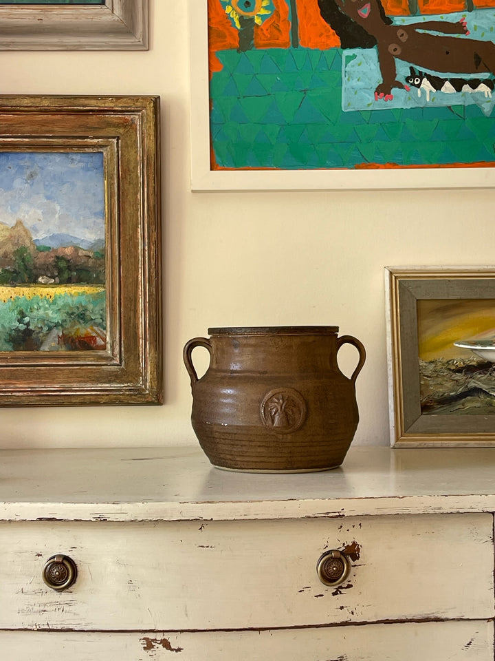 Large Brown Glazed Wheat Pot with Flat Lid