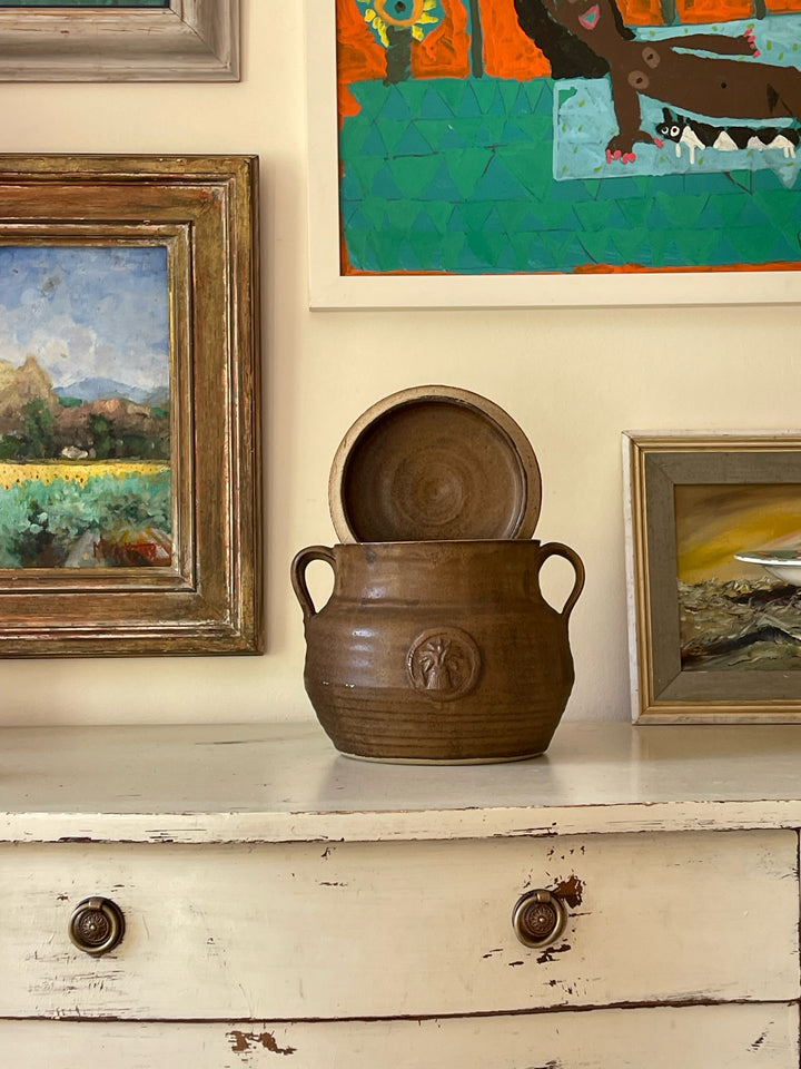 Large Brown Glazed Wheat Pot with Flat Lid