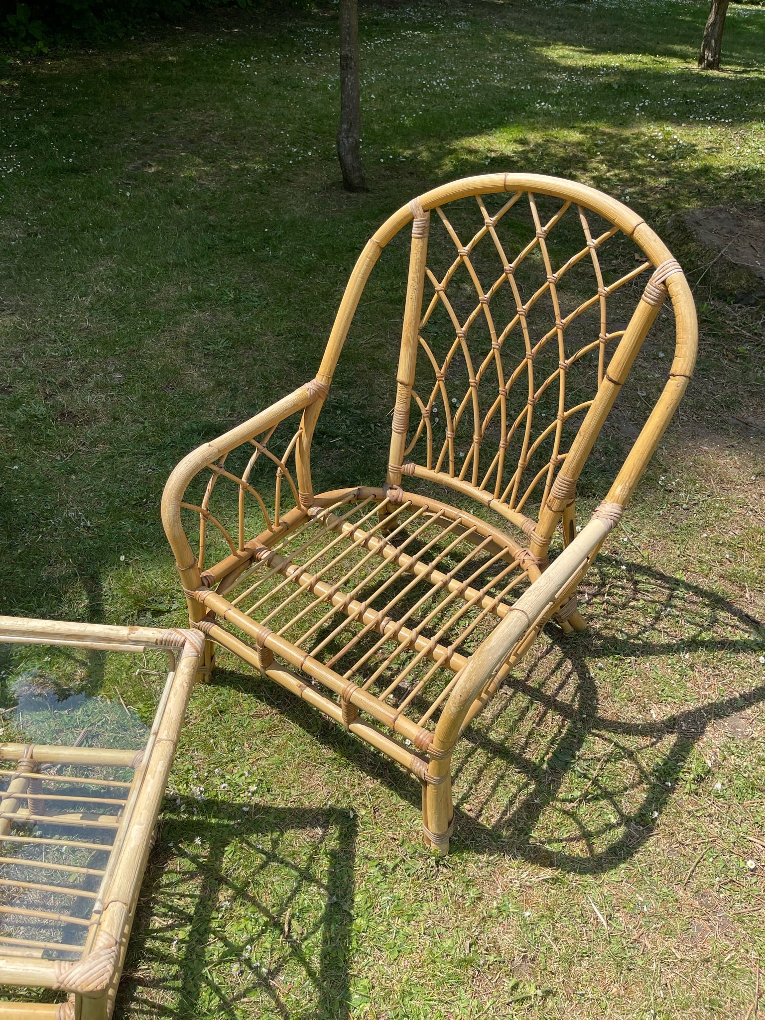 Mid-Century Rattan Pair of Chairs & Coffee Table