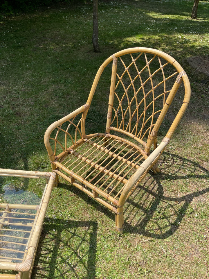 Mid-Century Rattan Pair of Chairs &amp; Coffee Table