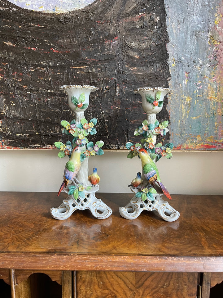 Pair of Porcelain Parrot Candlestick