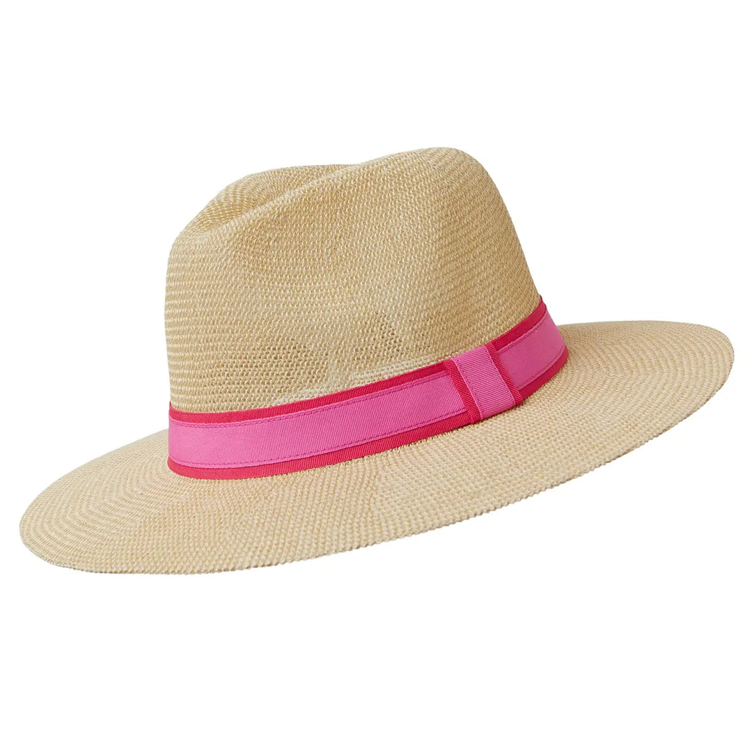 Panama Hat - Natural Paper with a Coral & Pink Band