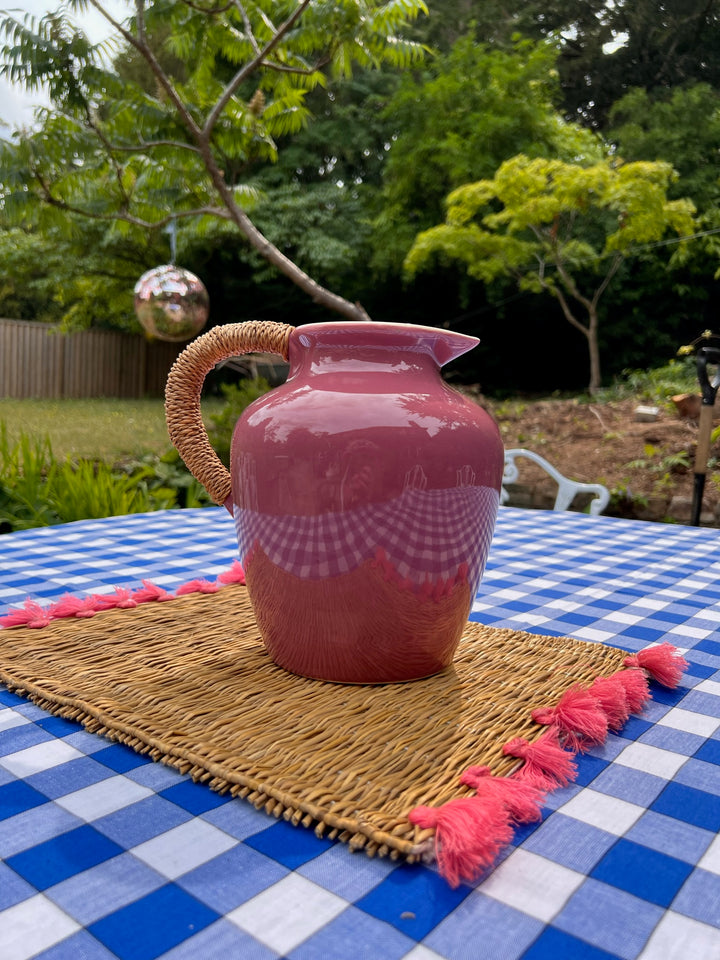 Pink Ceramic Jug with Wicker Handle