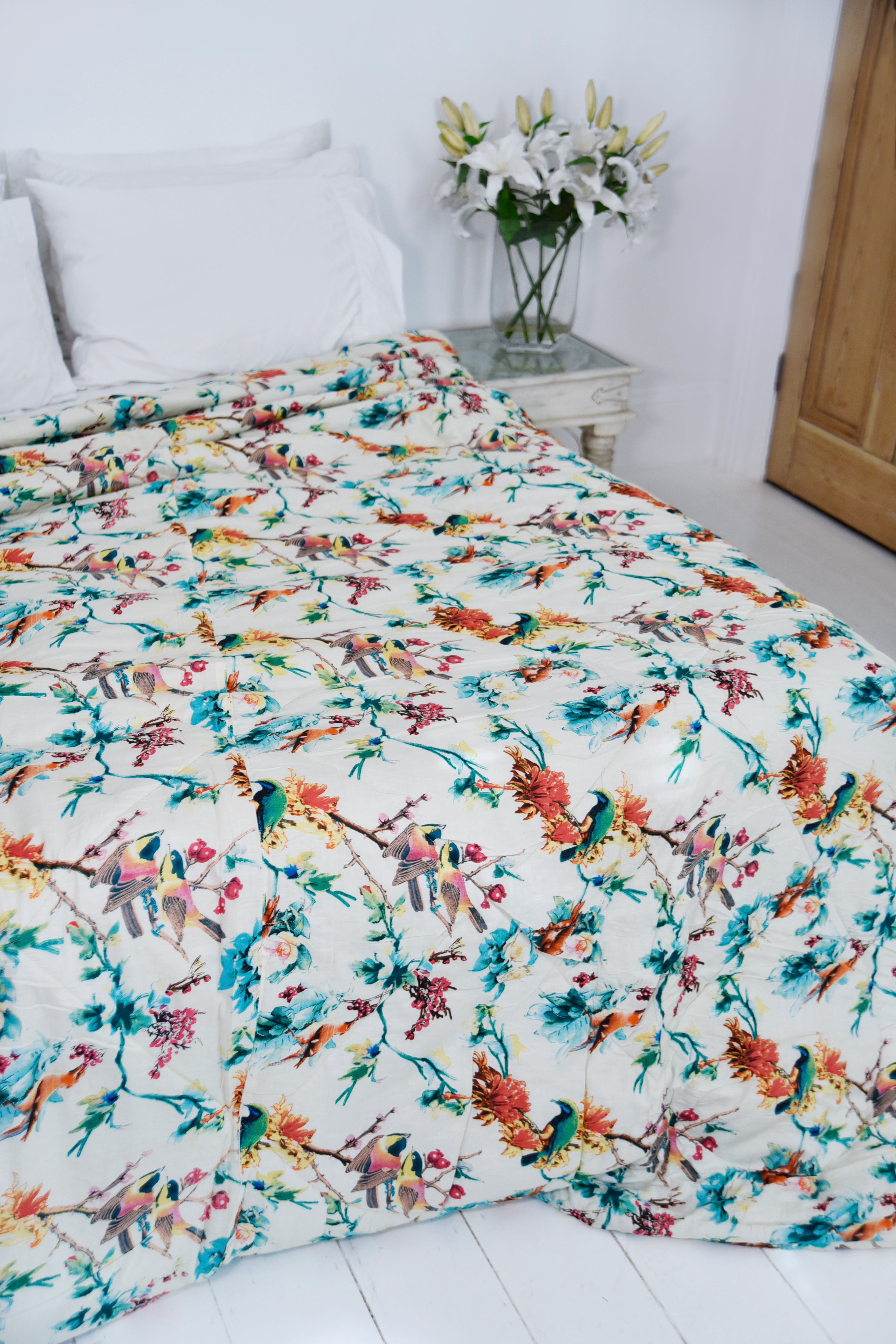 Turquoise Hummingbird Print Quilt