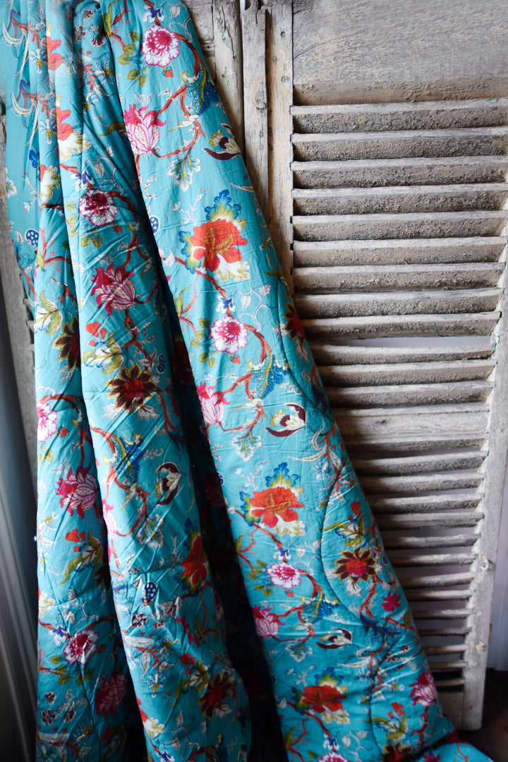 Teal Exotic Floral Print Quilt