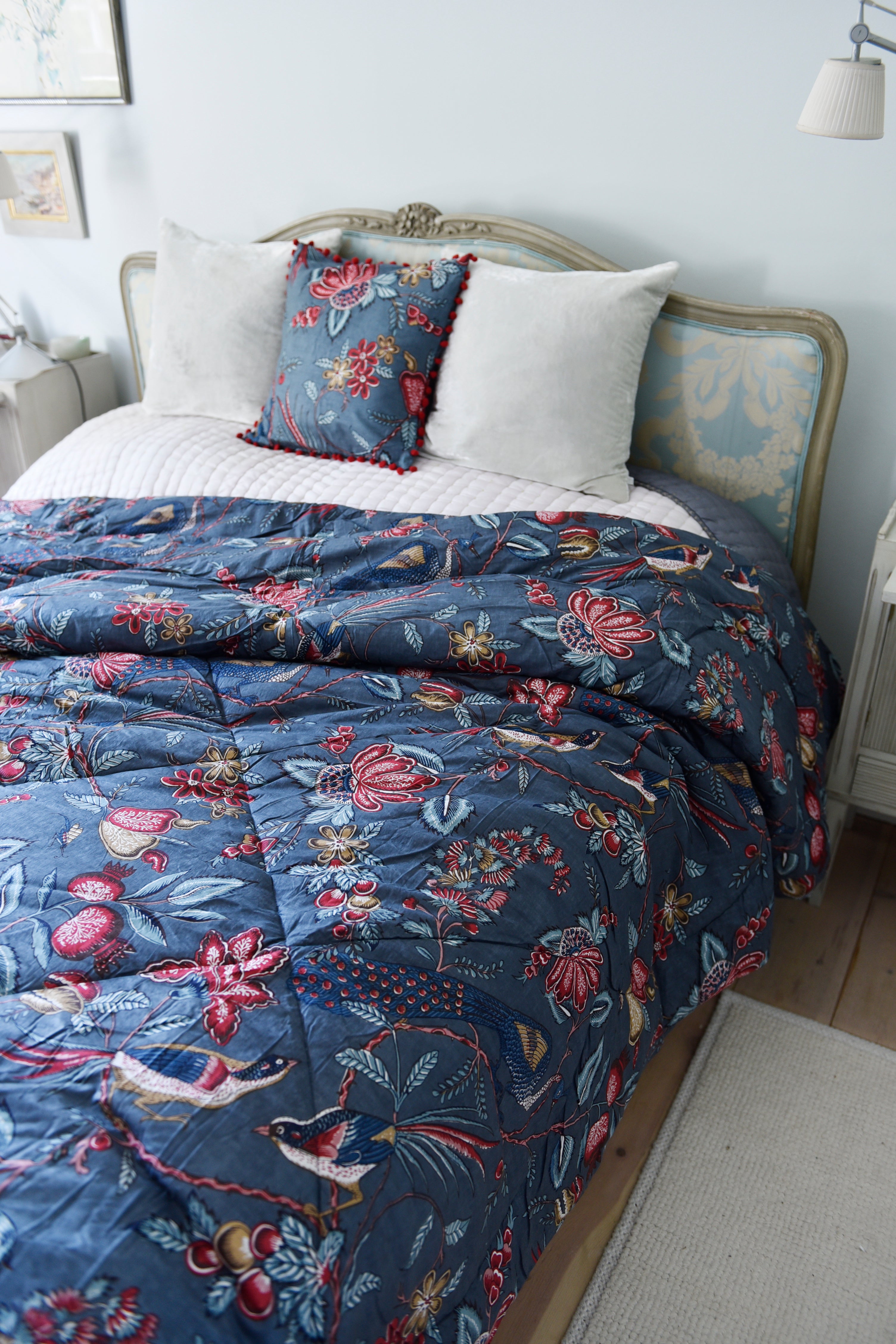 Blue Floral Exotic Bird Print Quilt