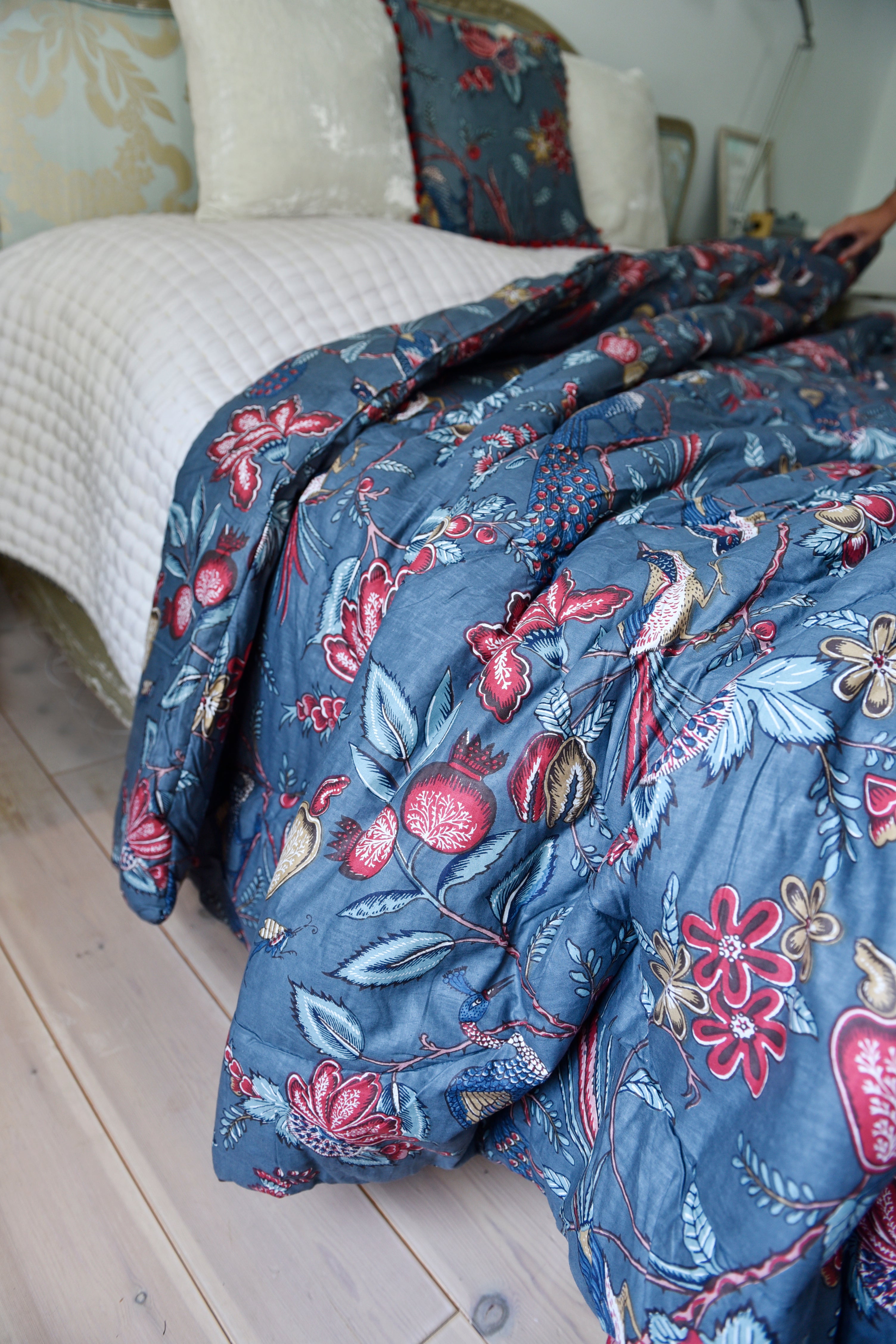 Blue Floral Exotic Bird Print Quilt