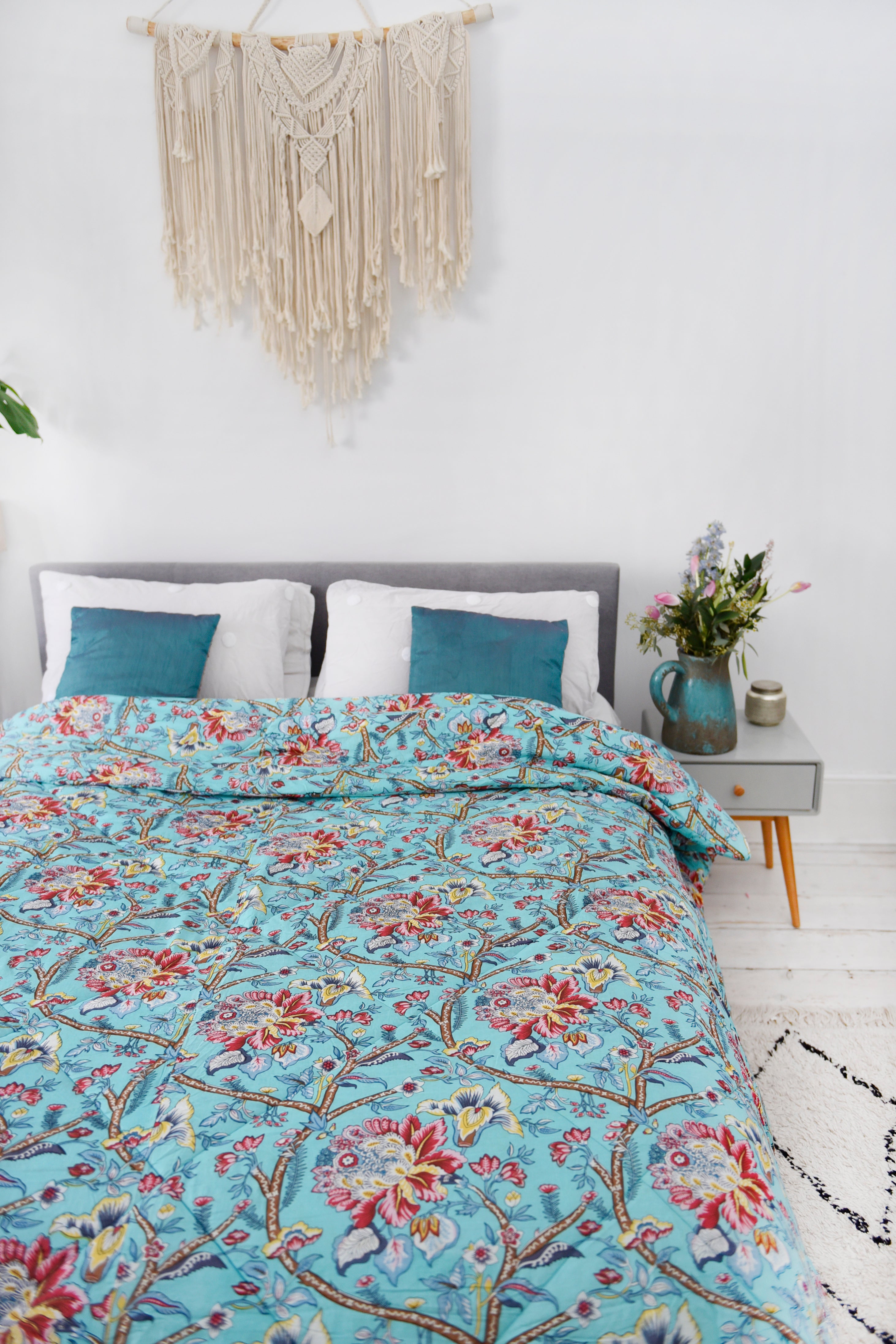 Teal Exotic Floral Print Quilt