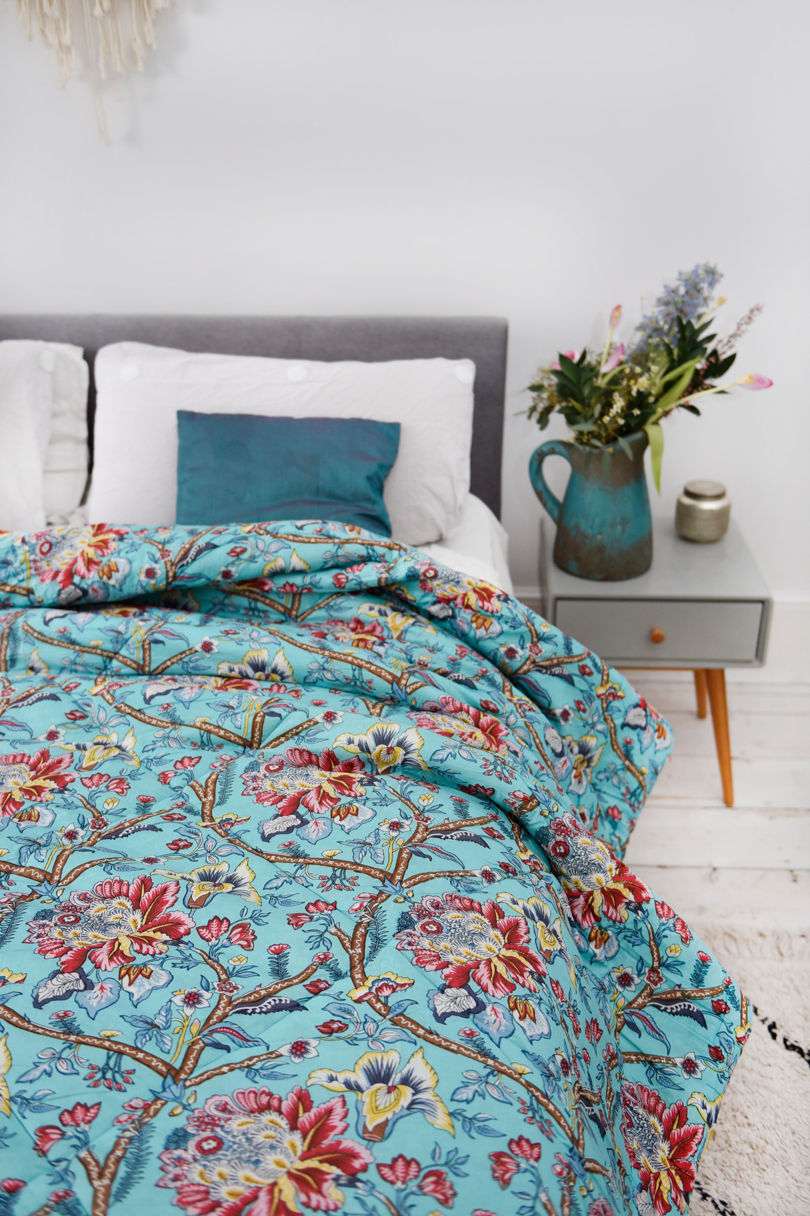 Teal Exotic Floral Print Quilt