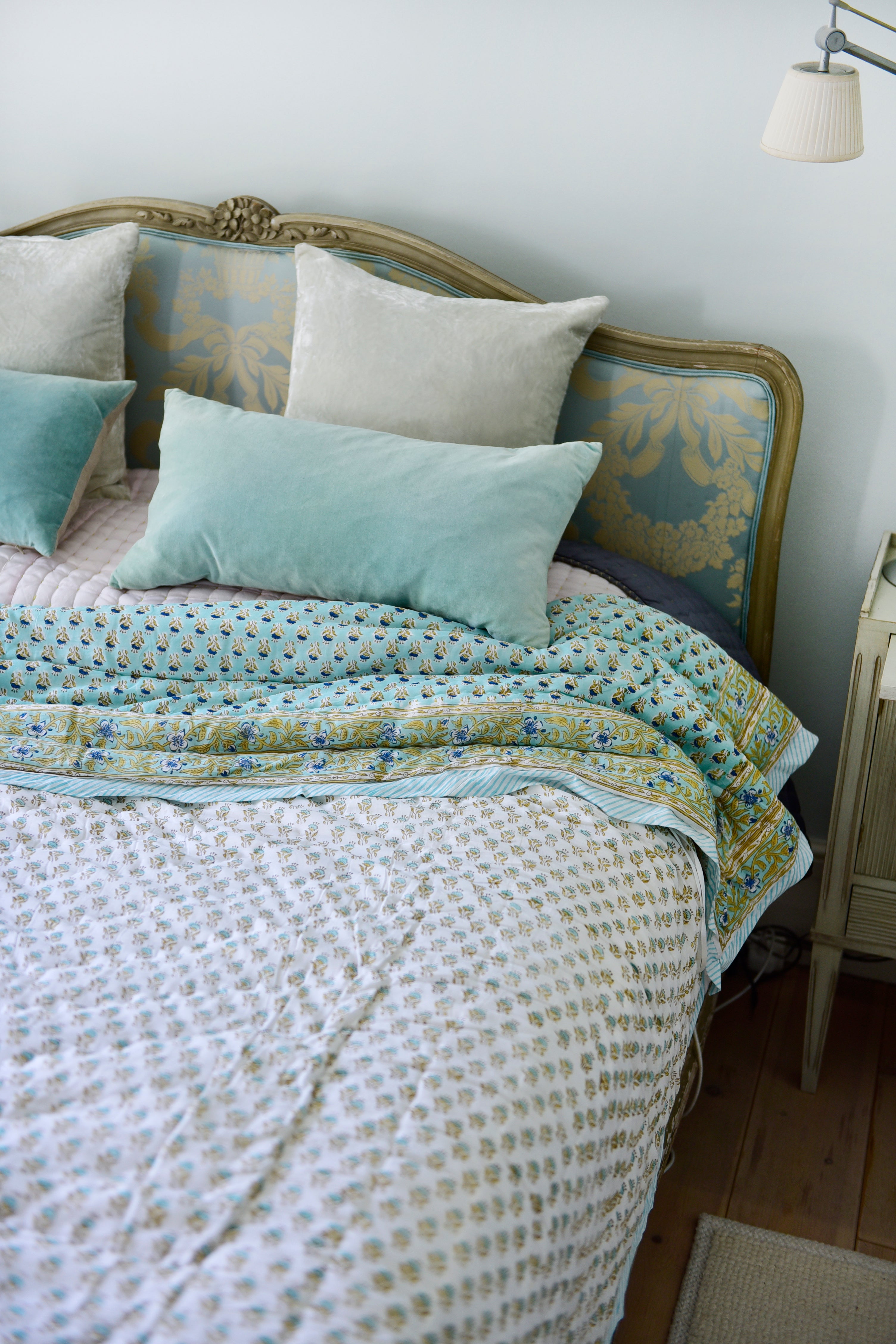 Turquoise, Mustard and Navy Block Print Quilt