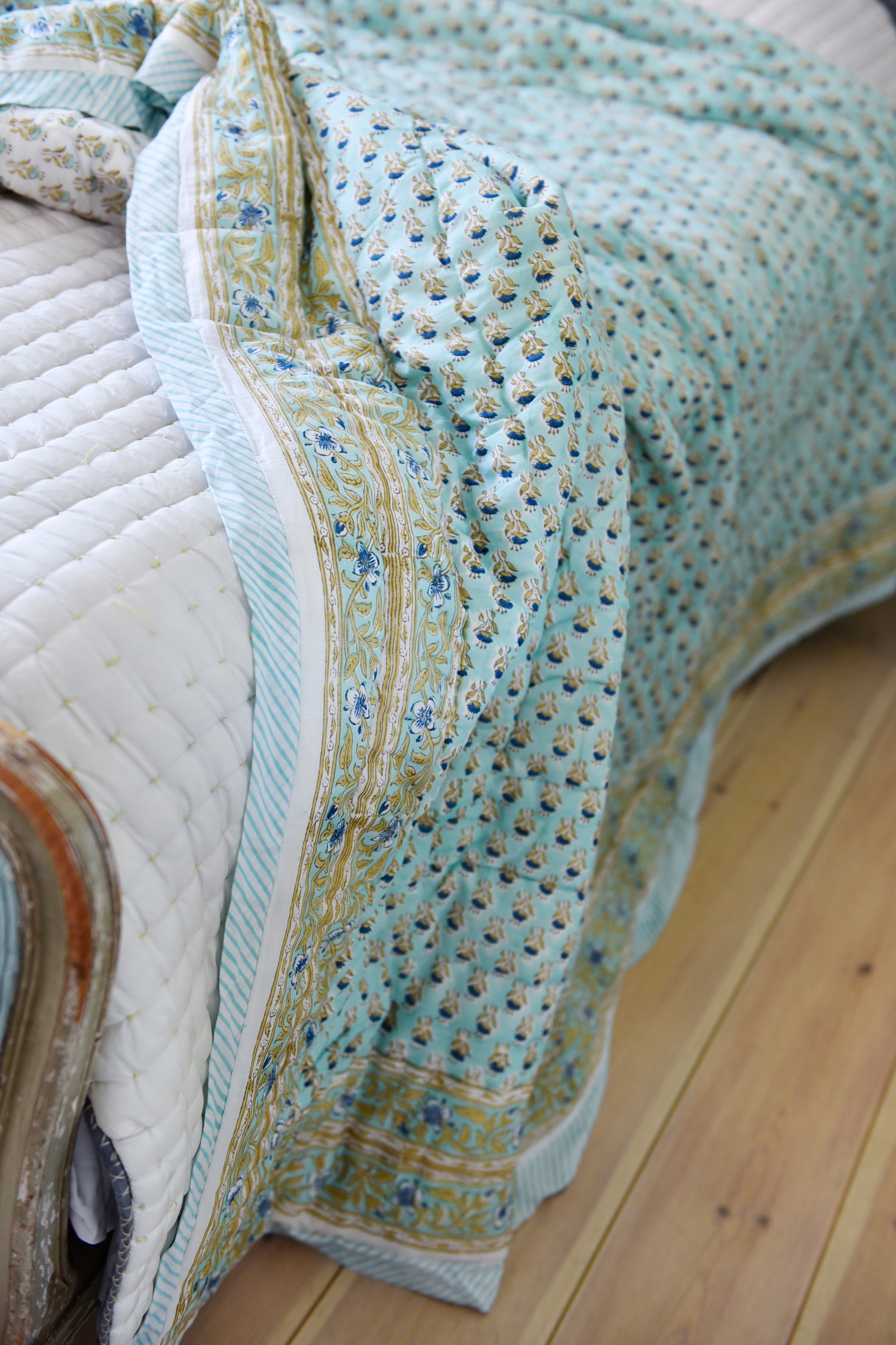 Turquoise, Mustard and Navy Block Print Quilt