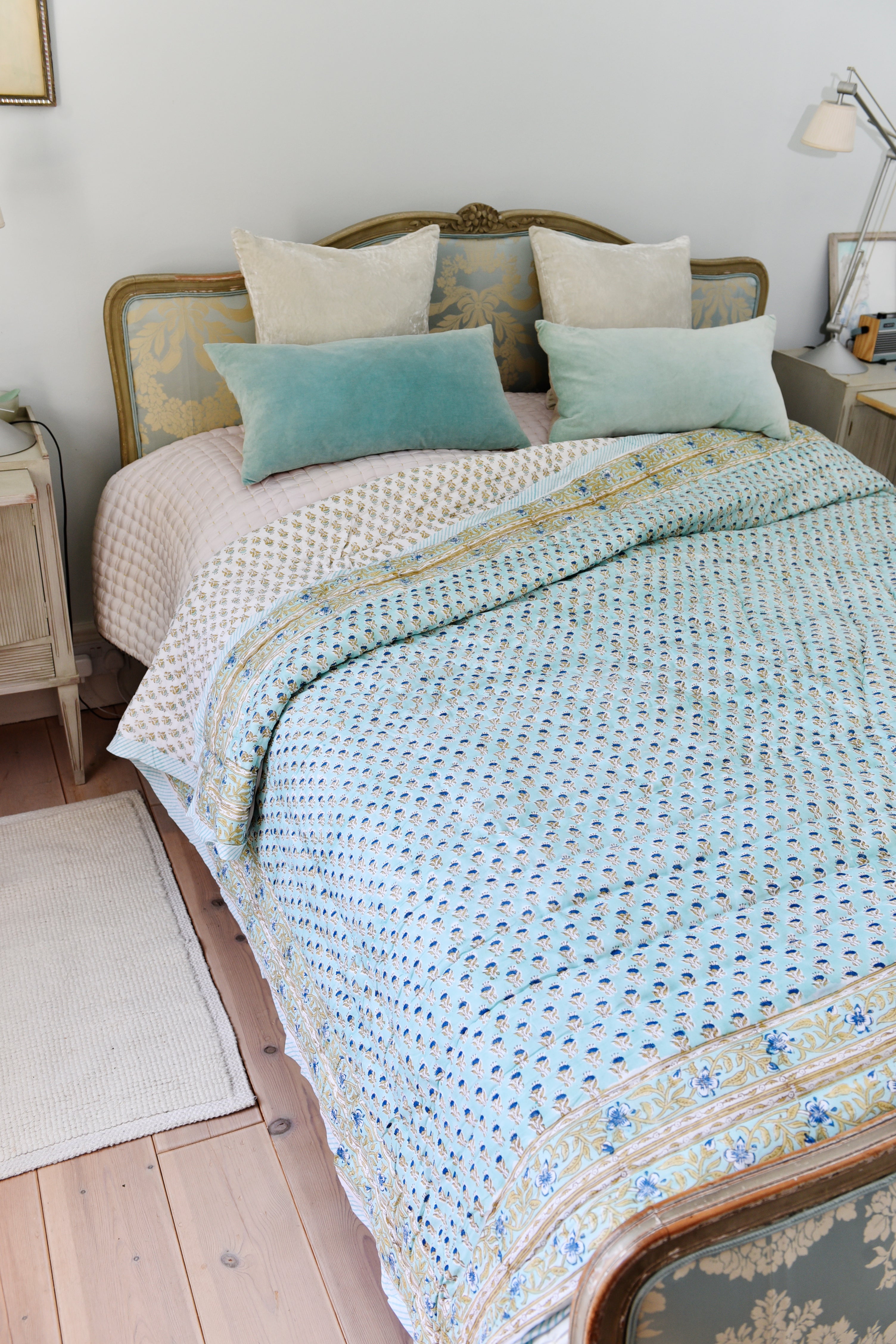 Turquoise, Mustard and Navy Block Print Quilt