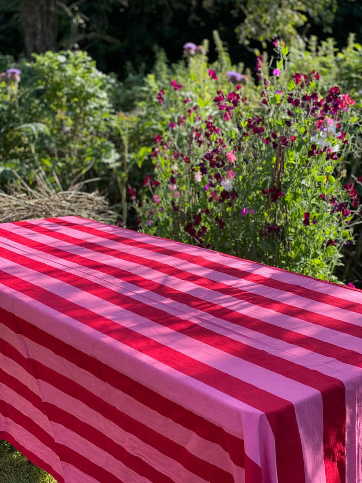 Red &amp; Pink Stripe Indian Block Print Tablecloth