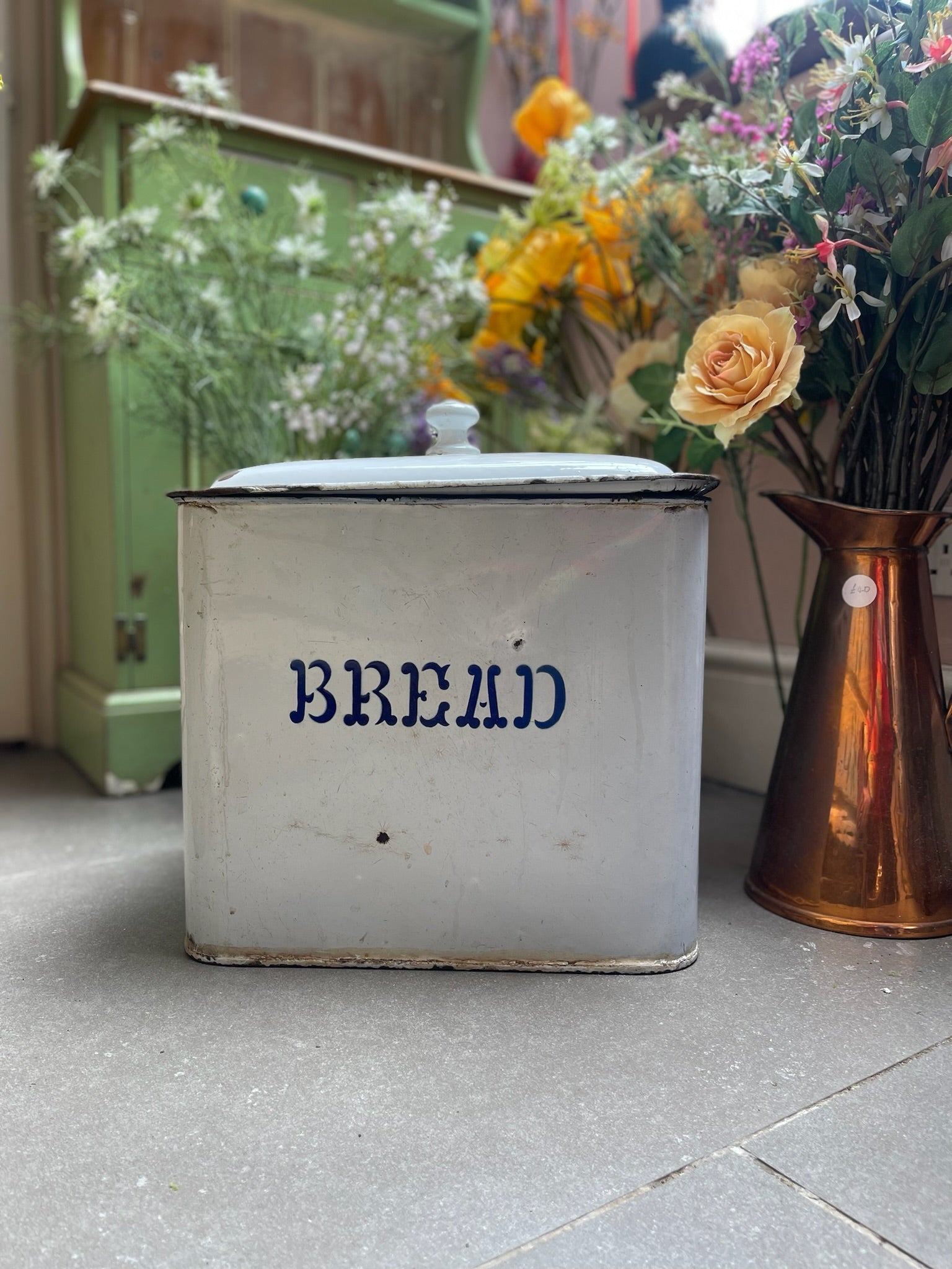 Vintage Enamel Bread Bin with Unique Handles