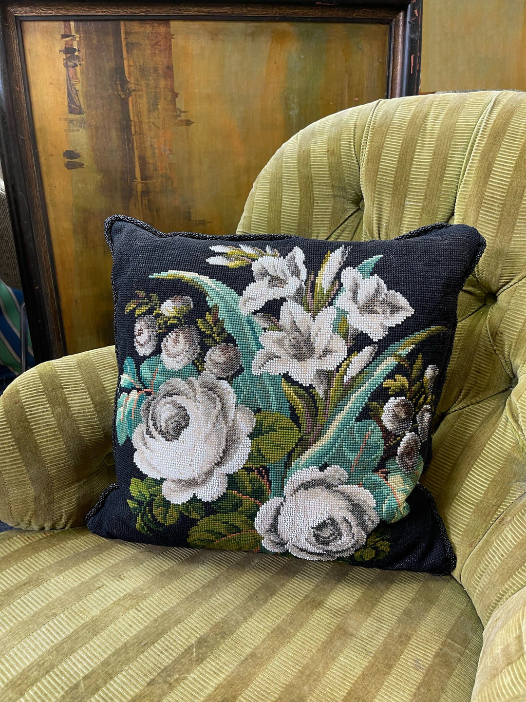 Vintage Floral Beaded &amp; Needlepoint Velvet Pillow