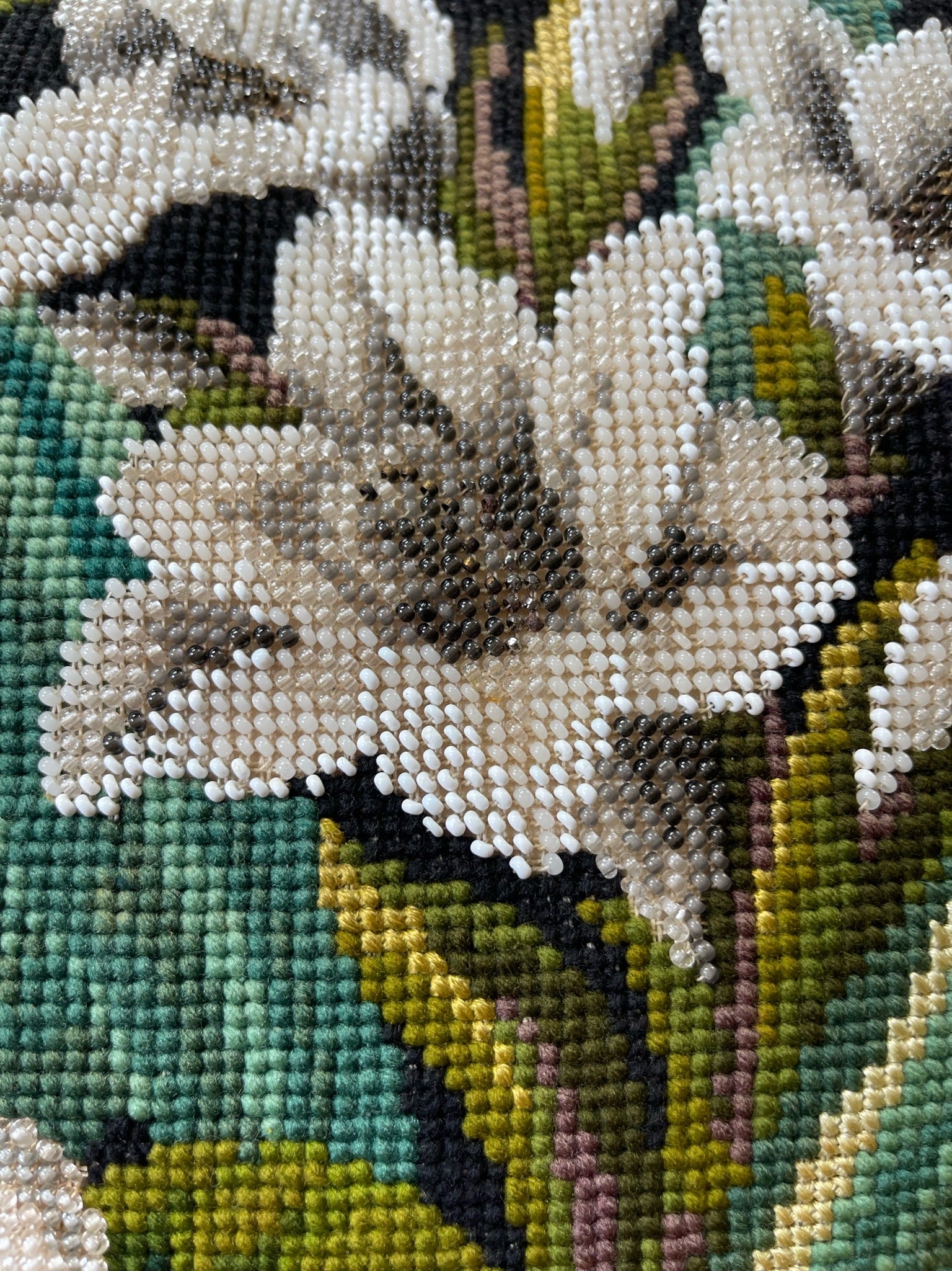 Vintage Floral Beaded & Needlepoint Velvet Pillow