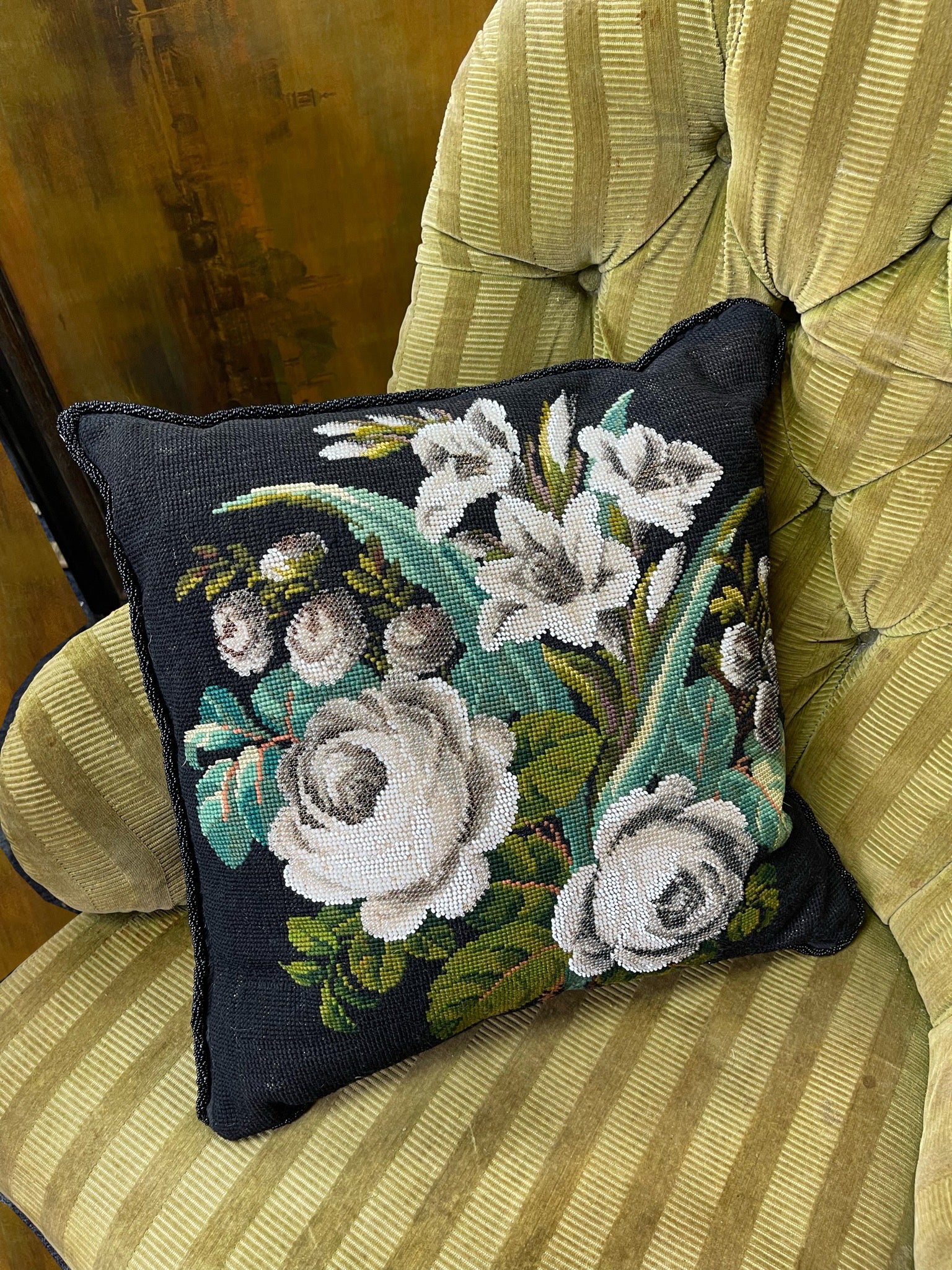 Vintage Floral Beaded & Needlepoint Velvet Pillow