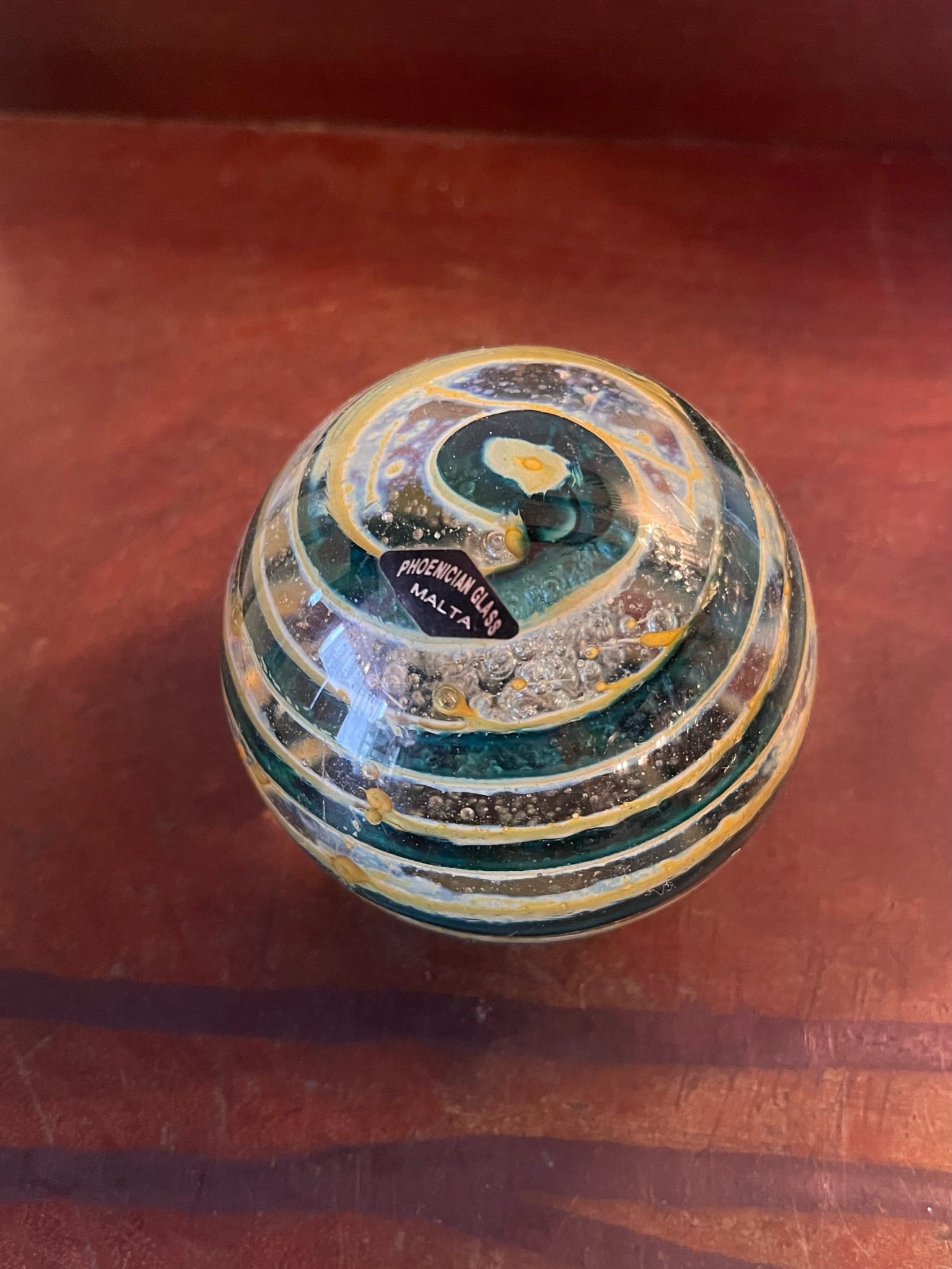 Vintage Phoenician Teal Swirl Globe Paperweight
