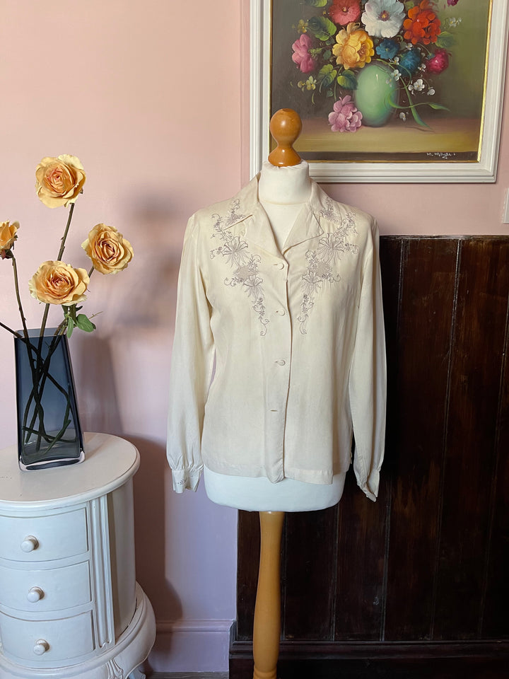 Vintage Silk Embroidered Cream Blouse