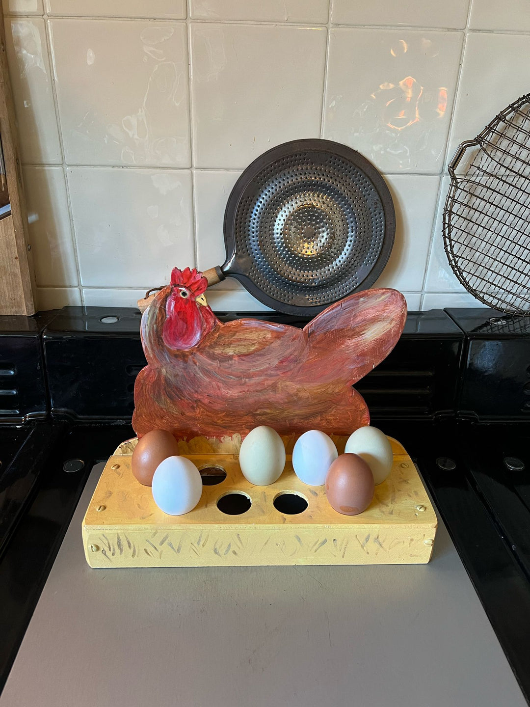 Vintage Hand Painted Wooden Egg Rack x 9