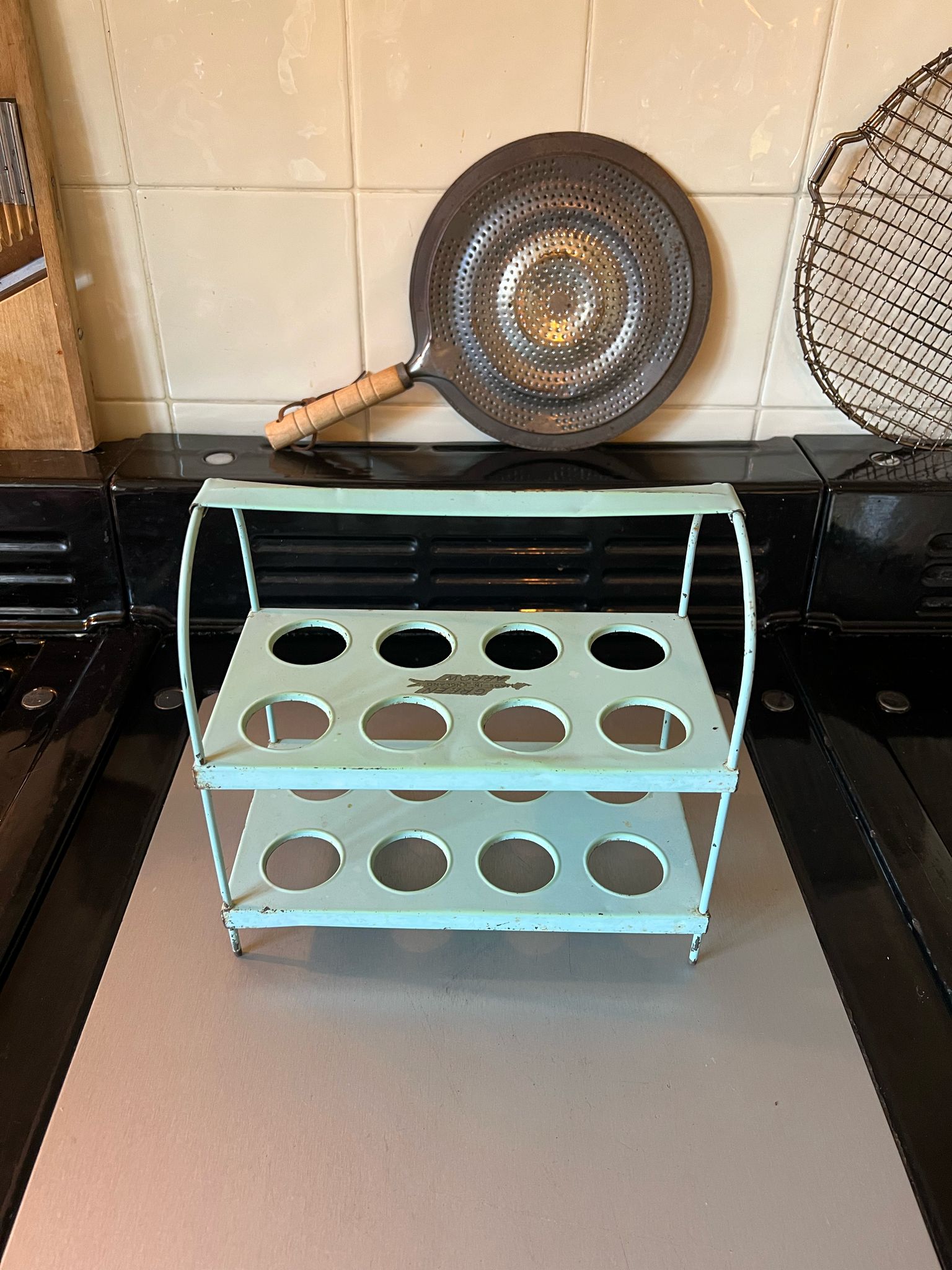 Vintage Duck Egg Green Metal Tiered 16 x Egg Rack
