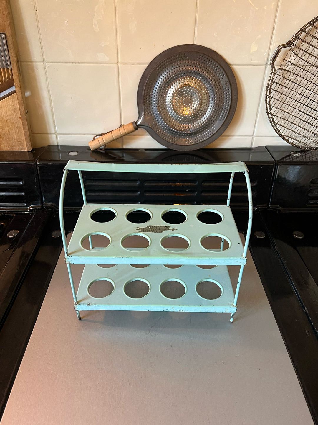 Vintage Duck Egg Green Metal Tiered 16 x Egg Rack