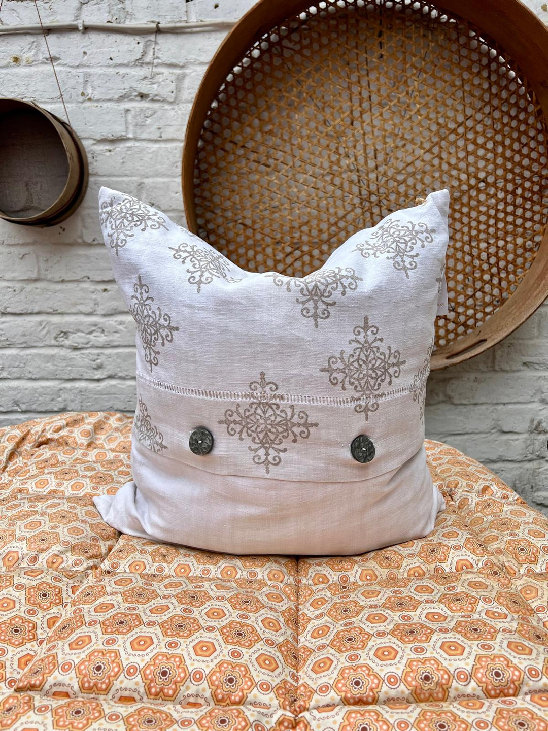 Block Printed Antique French Linen Cushion