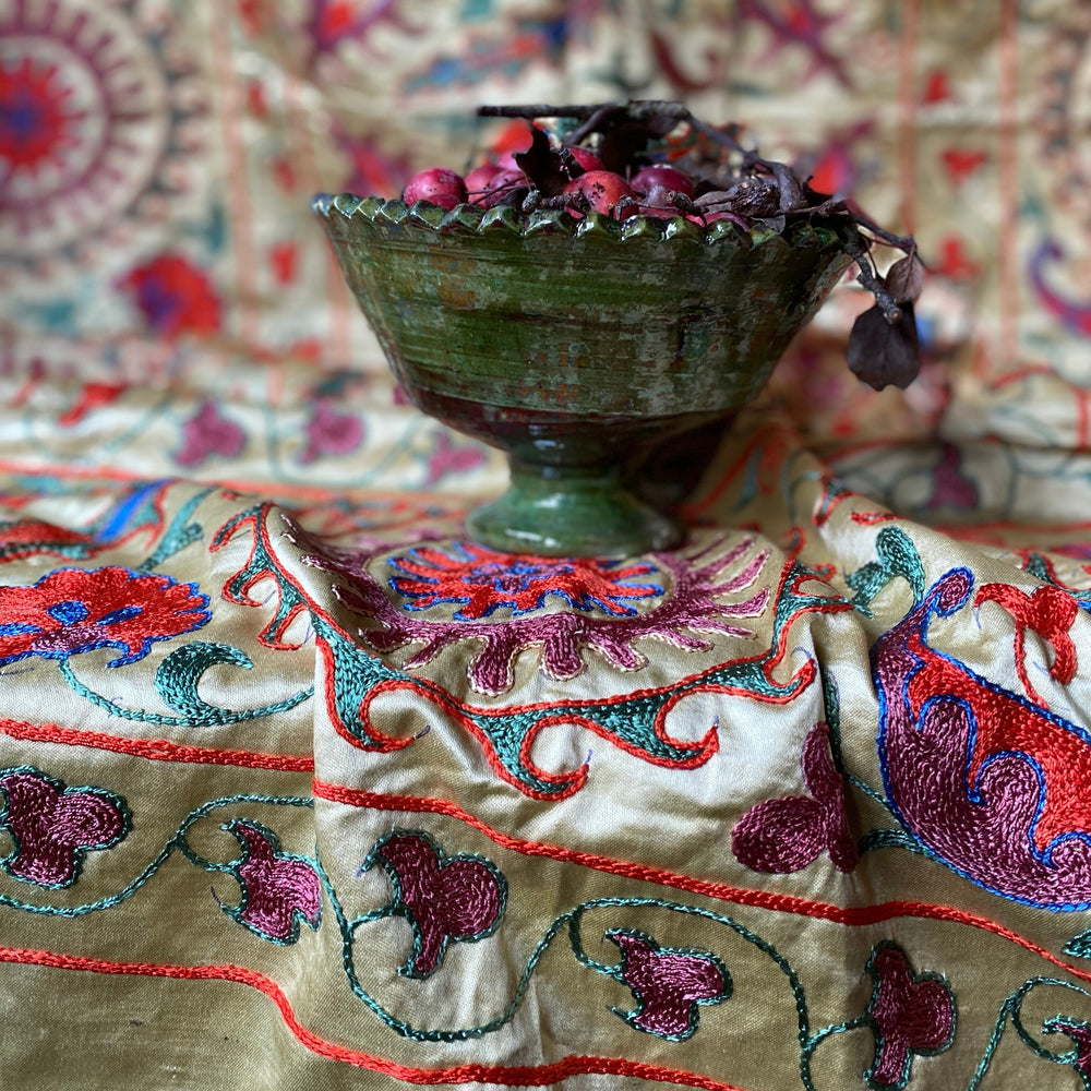 Burgundy Silk on Rich Biscuit Silk Suzani Panel