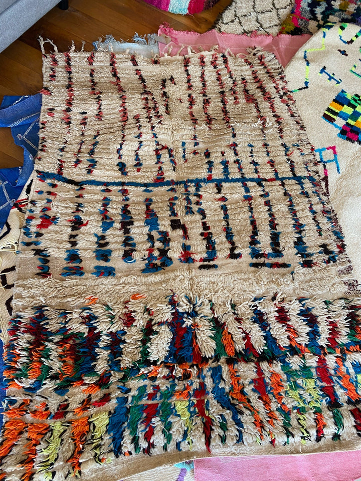 Vintage Cream &amp; Multicoloured Shaggy Moroccan Rug