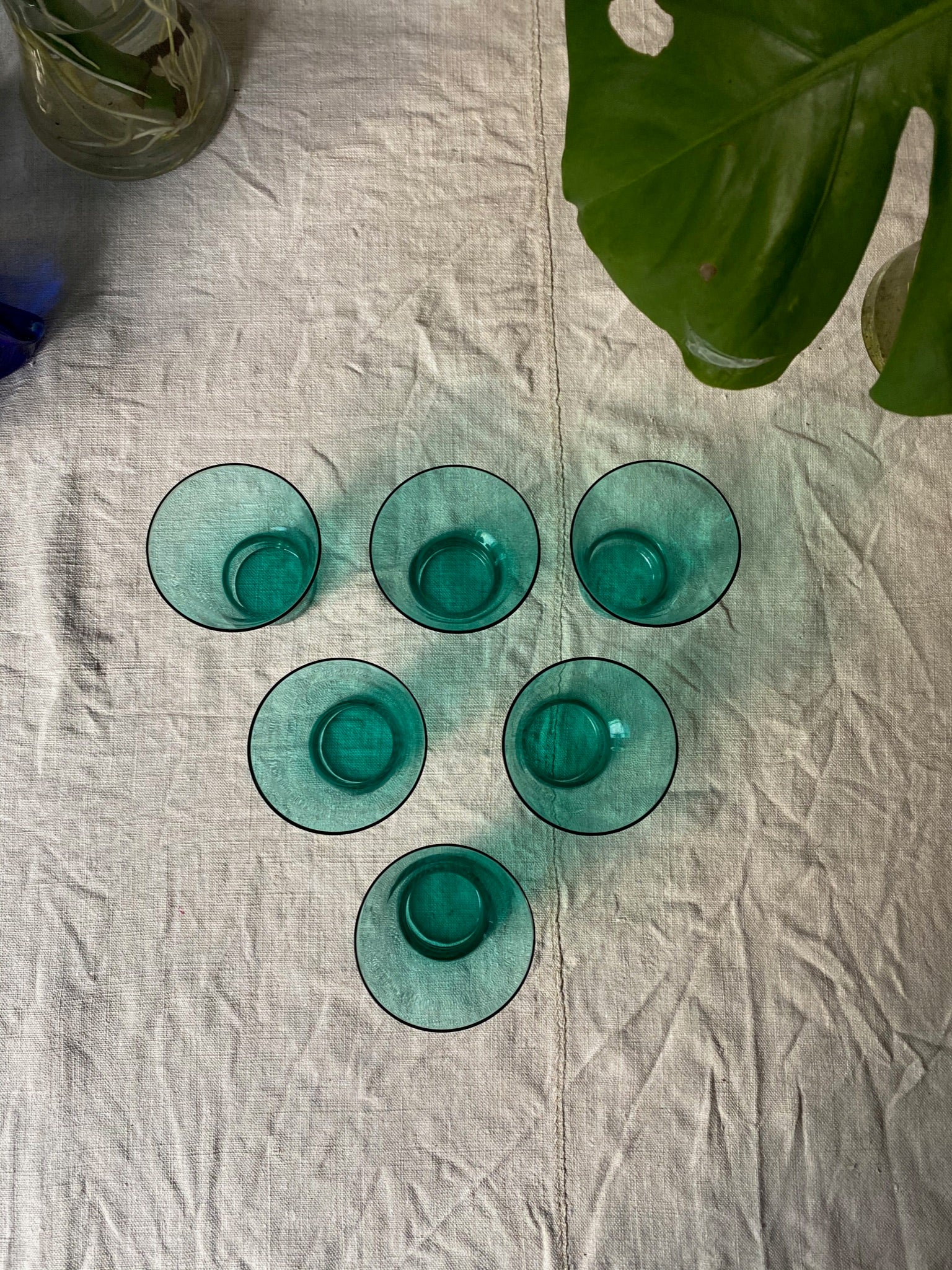 Set of Six Mid Century Turquoise Martini Cocktail Glasses
