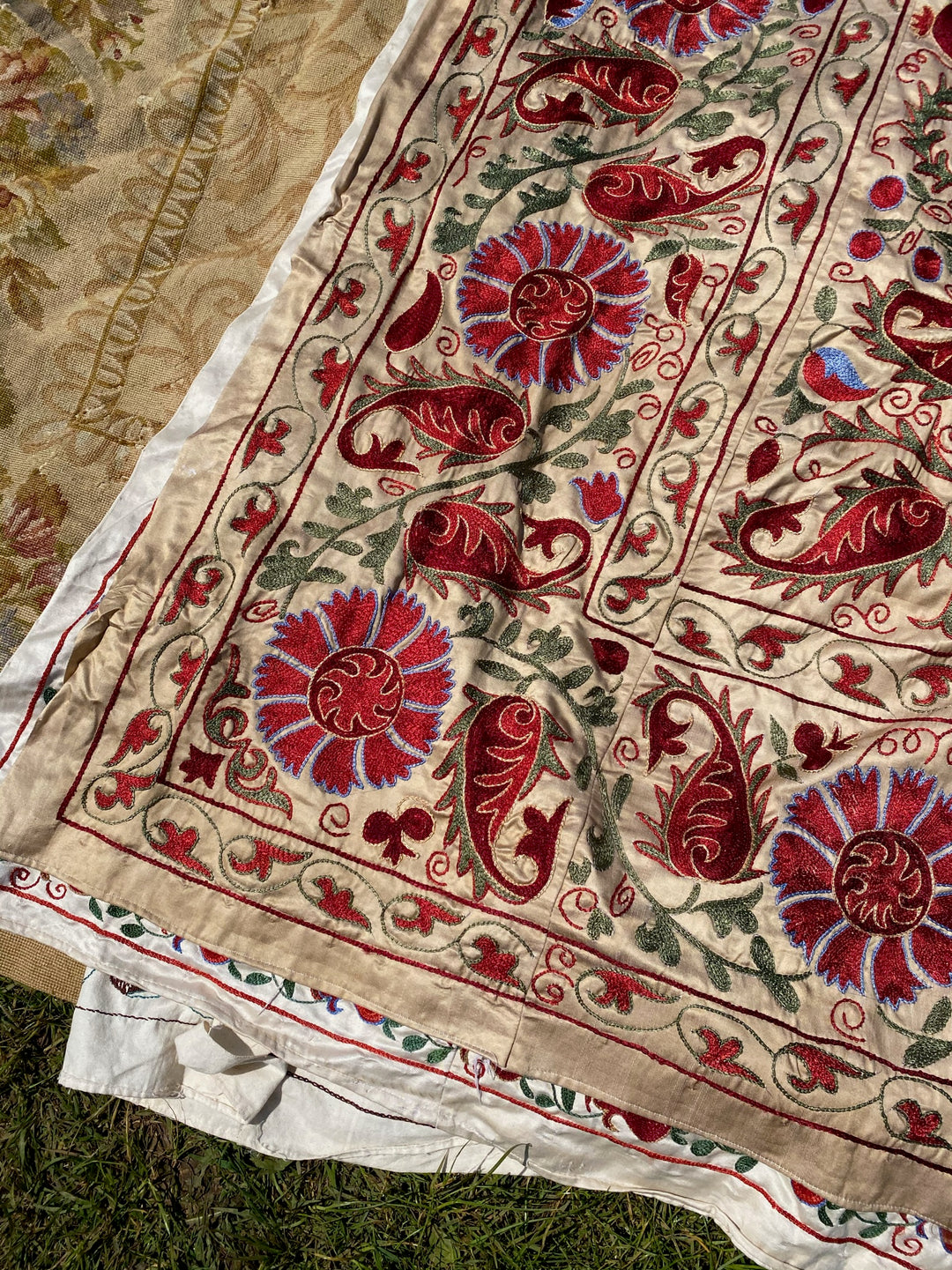 Burgundy Silk on Rich Biscuit Silk Suzani Panel