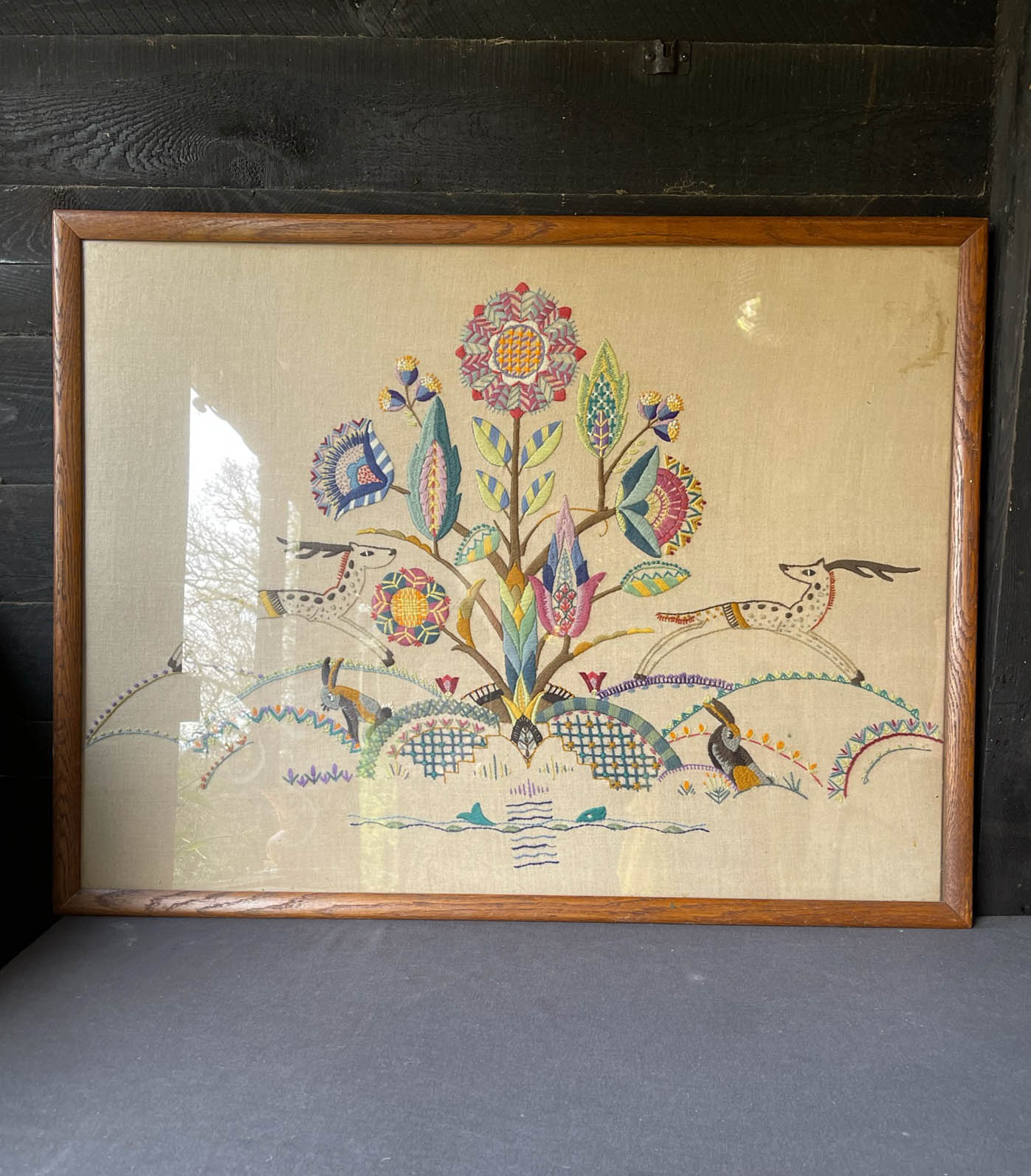 Hand Crewel Embroidered Fire Screen & Framed