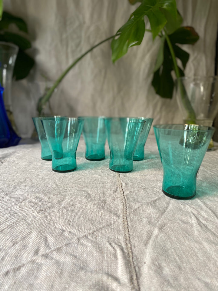 Set of Six Mid Century Turquoise Martini Cocktail Glasses