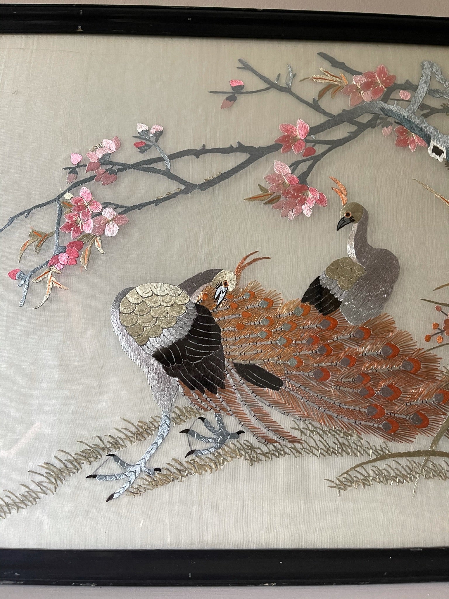 Two Peacocks - Antique Framed Silk Embroidery