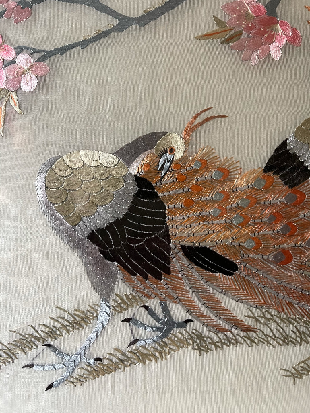 Two Peacocks - Antique Framed Silk Embroidery
