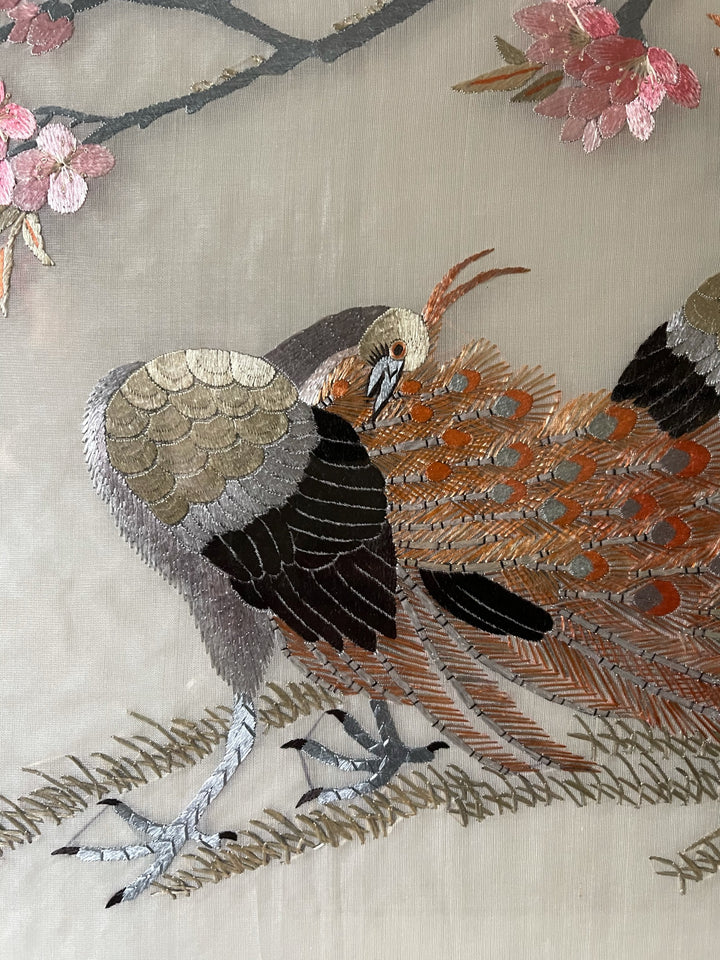 Two Peacocks - Antique Framed Silk Embroidery