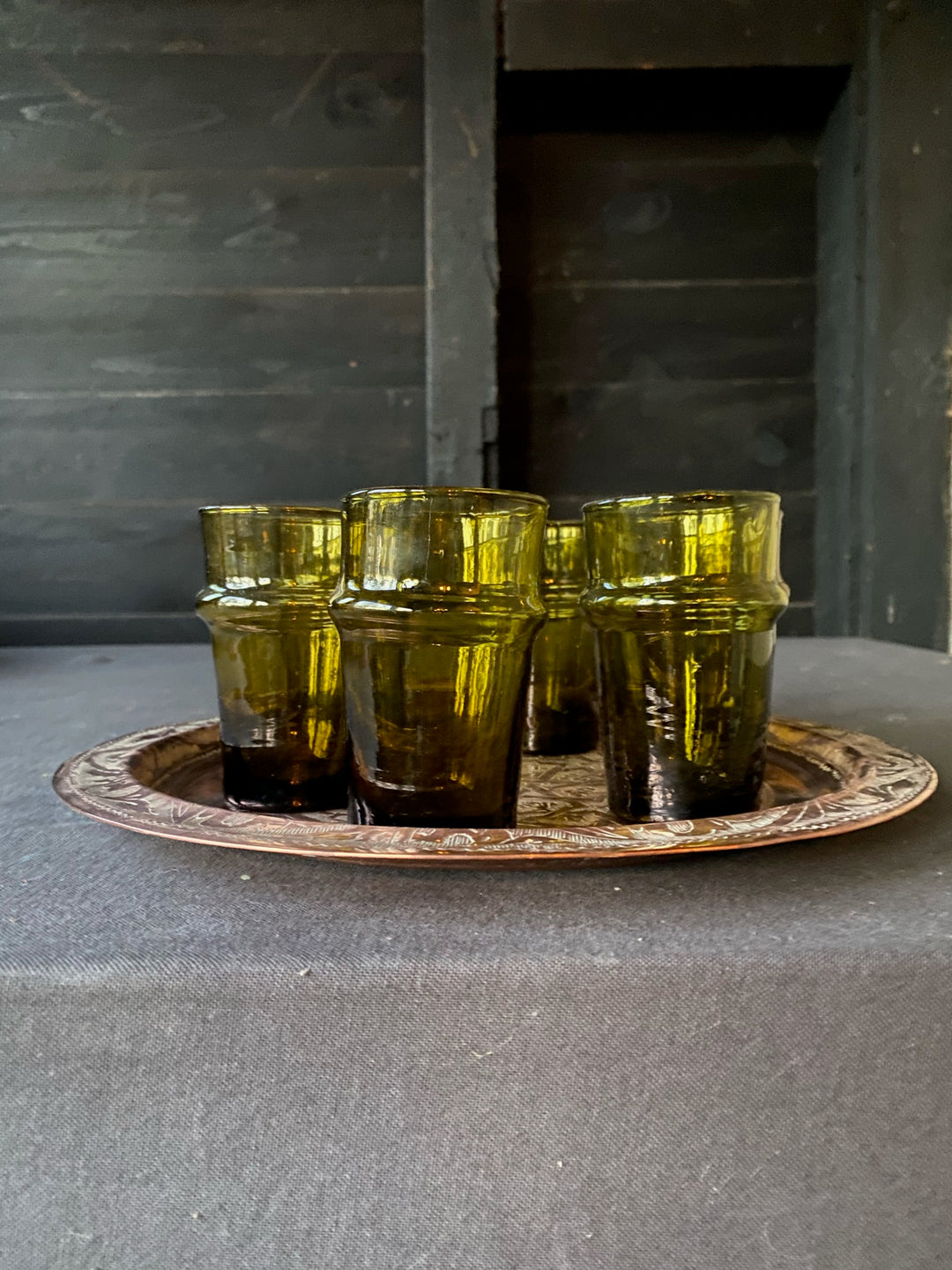 Set of Six Olive Green Moroccan Tea Glasses