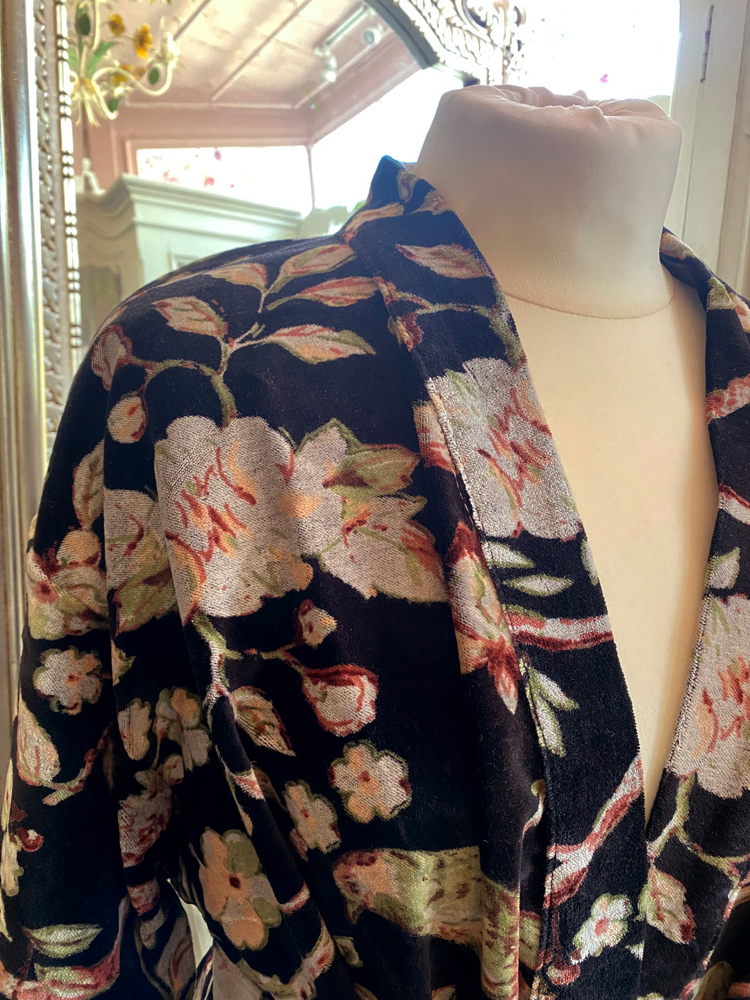 Bird in Blossom Black Velvet Dressing Gown