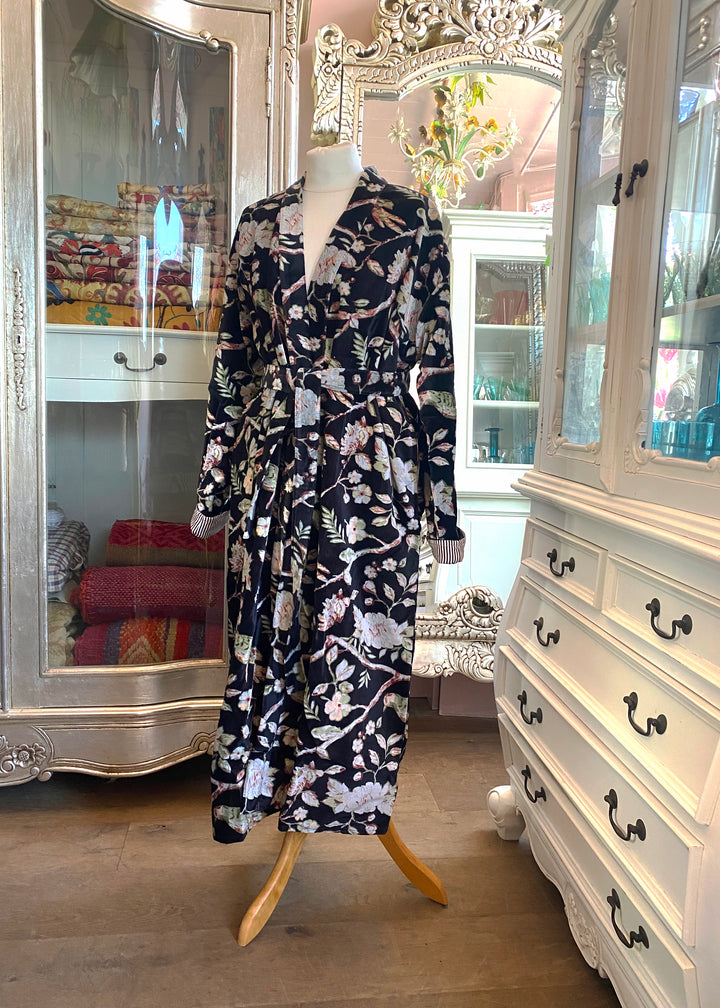 Bird in Blossom Black Velvet Dressing Gown