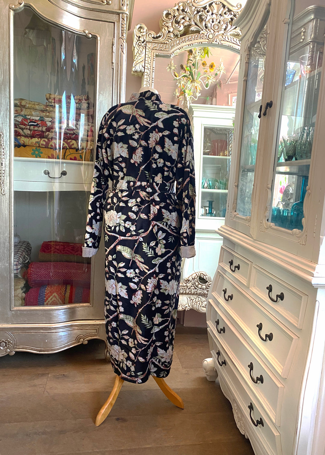 Bird in Blossom Black Velvet Dressing Gown