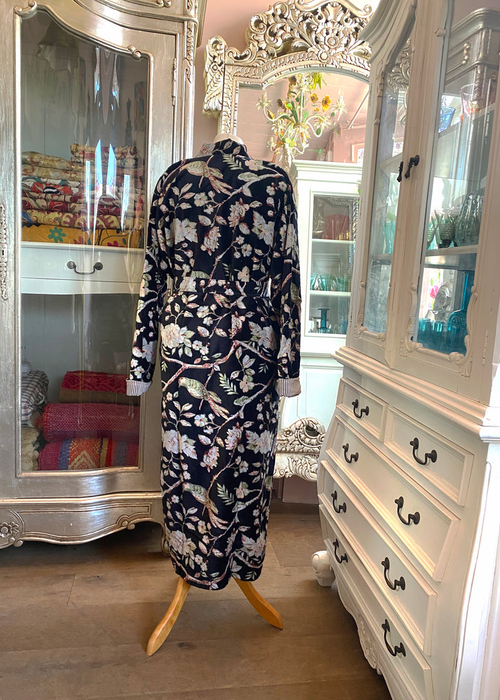 Bird in Blossom Black Velvet Dressing Gown