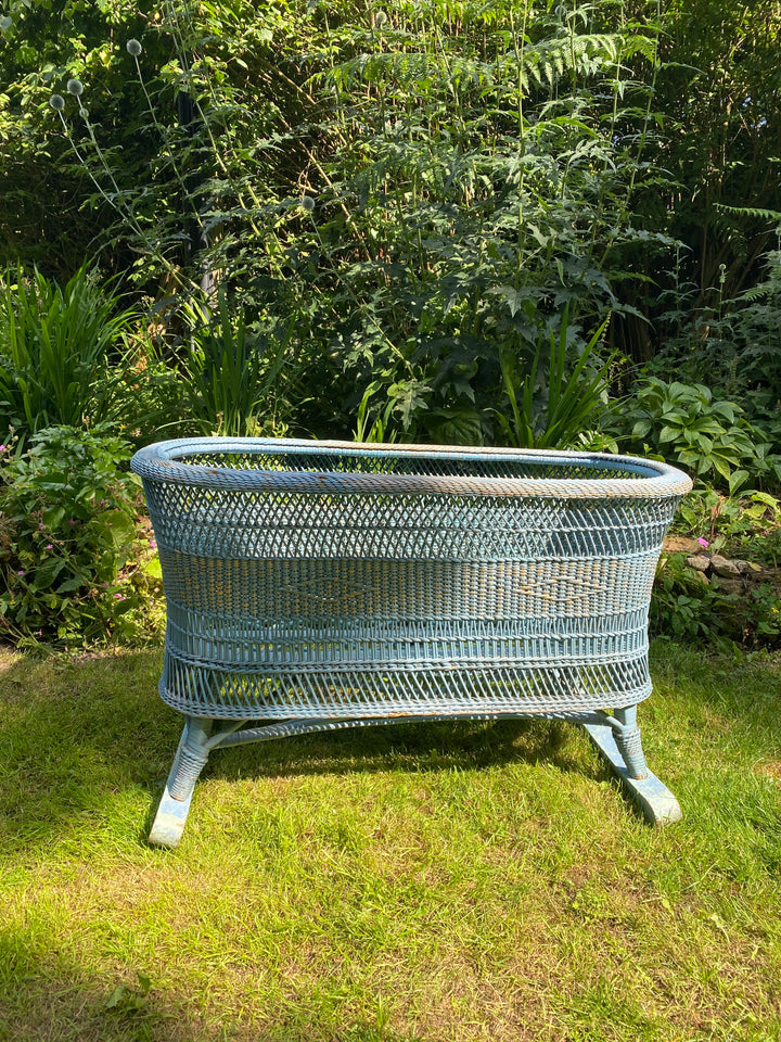 Vintage Blue Rattan Baby Cradle with Rockers