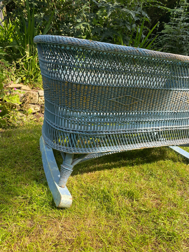Vintage Blue Rattan Baby Cradle with Rockers